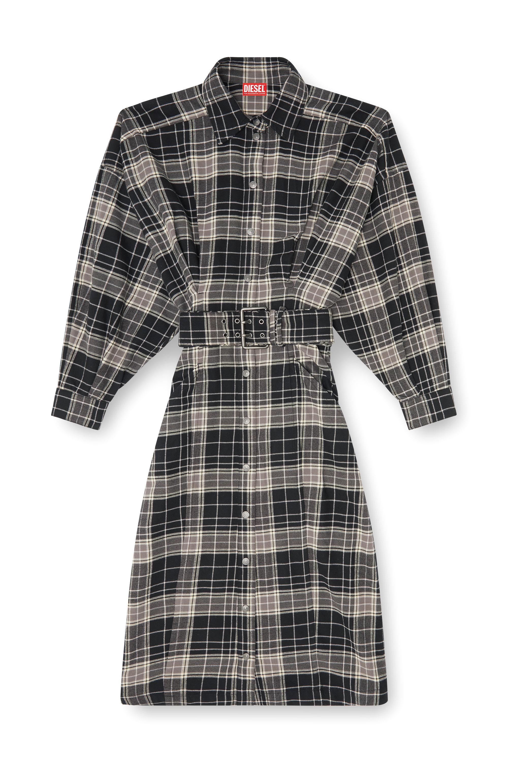 Diesel - D-EDALUS, Female's Midi dress in check flannel with wide belt in Grey/Black - 2