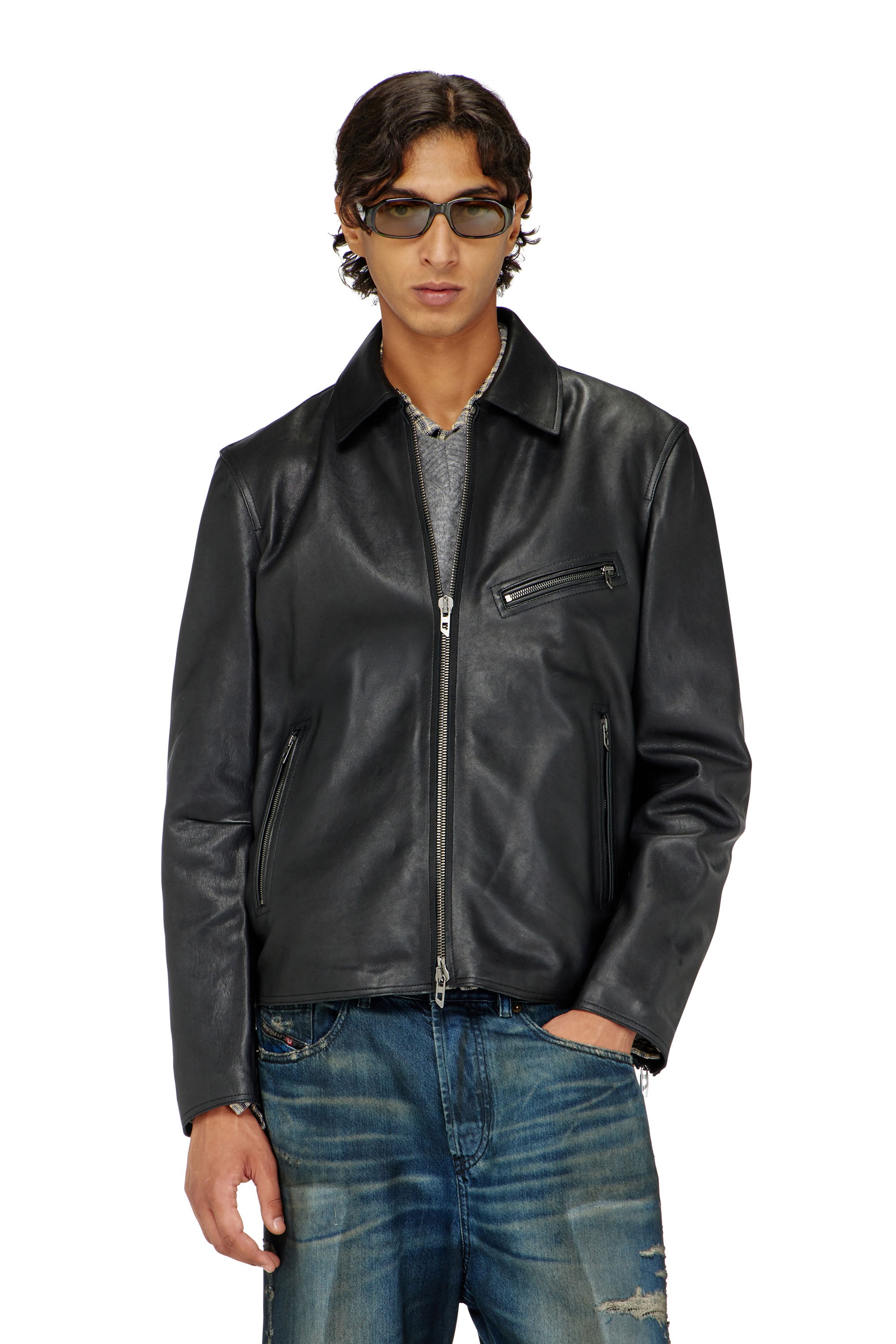 Diesel - L-KORN-A, Chaqueta de cuero con Oval D en relieve Hombre in Negro - 1