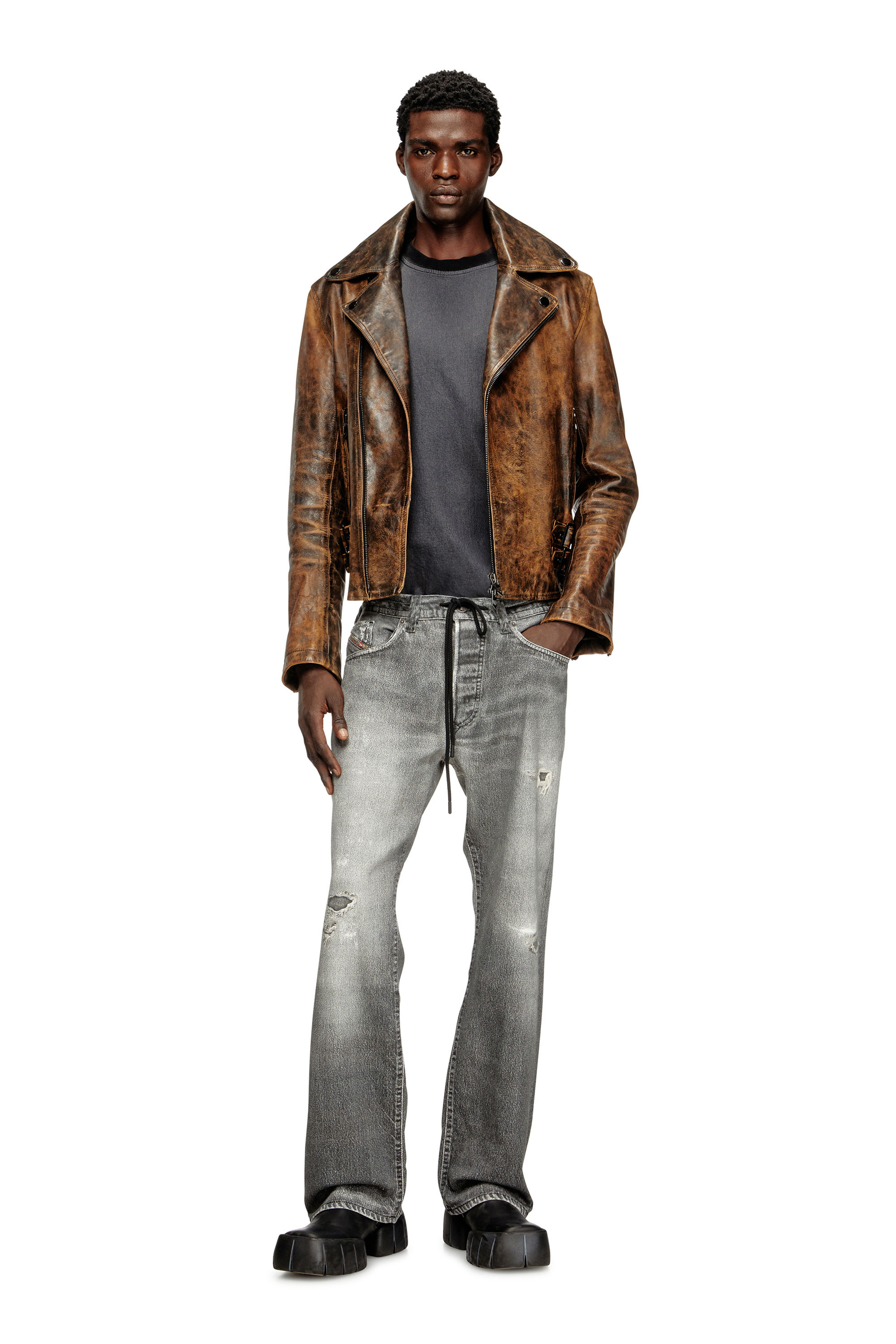 Diesel - L-EON, Male's Biker jacket in treated leather in Brown - 2