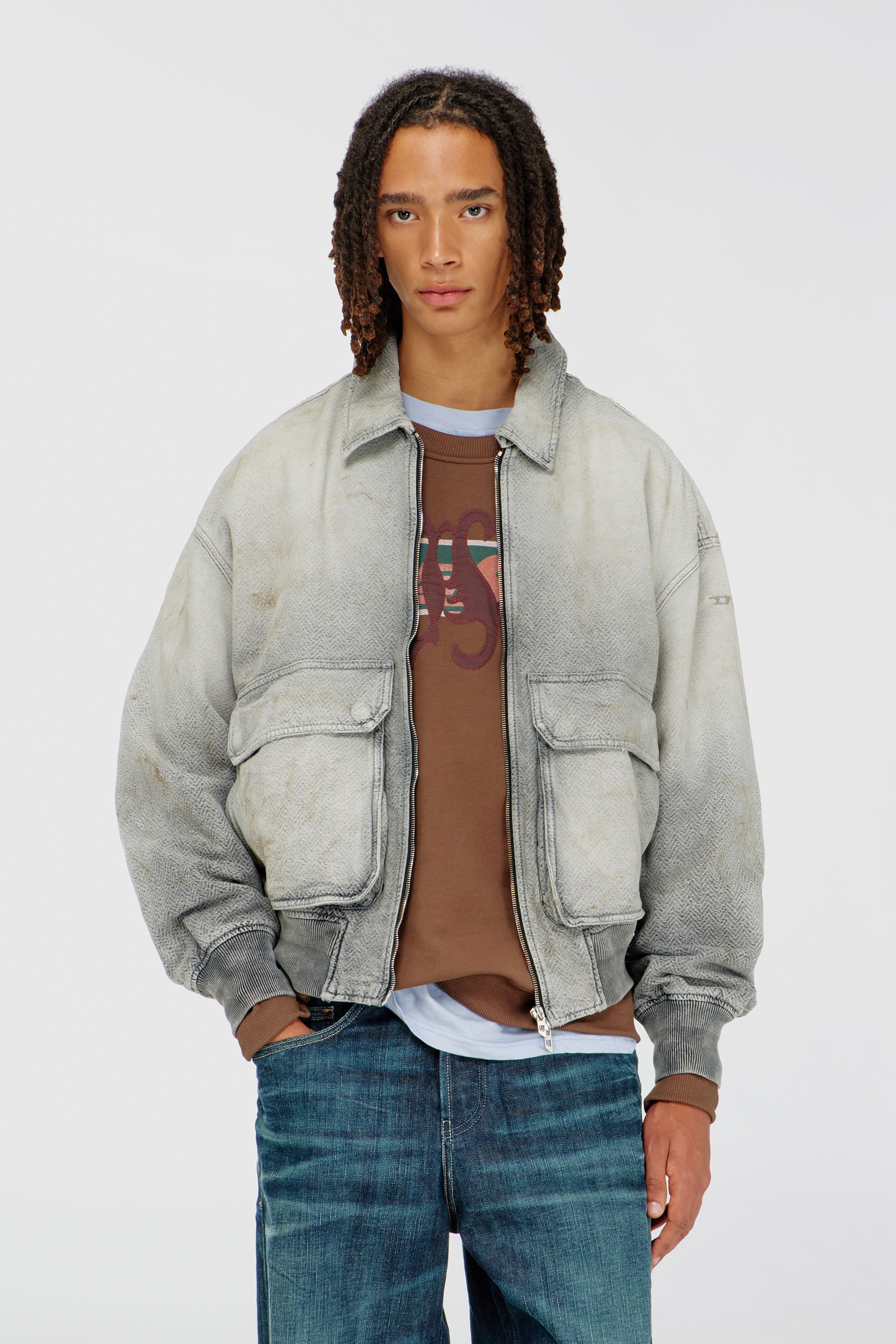 Diesel - D-KURZ, Unisex's Jacket in distressed herringbone denim in Light Grey - 3