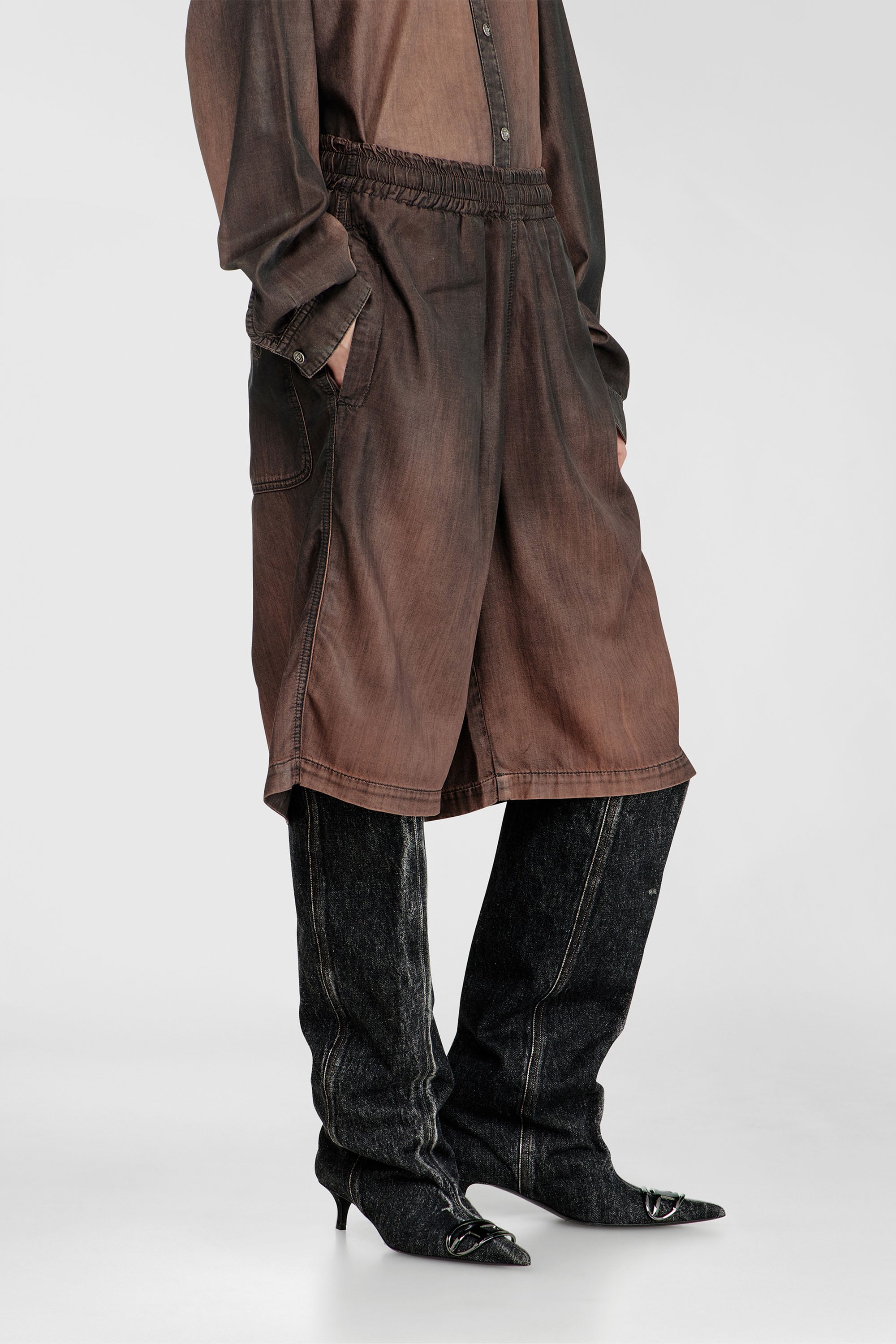 Diesel - D-RODER-SHORT-S, Unisex's Relaxed Bermuda Shorts In Fluid Coated Denim in Brown - 1