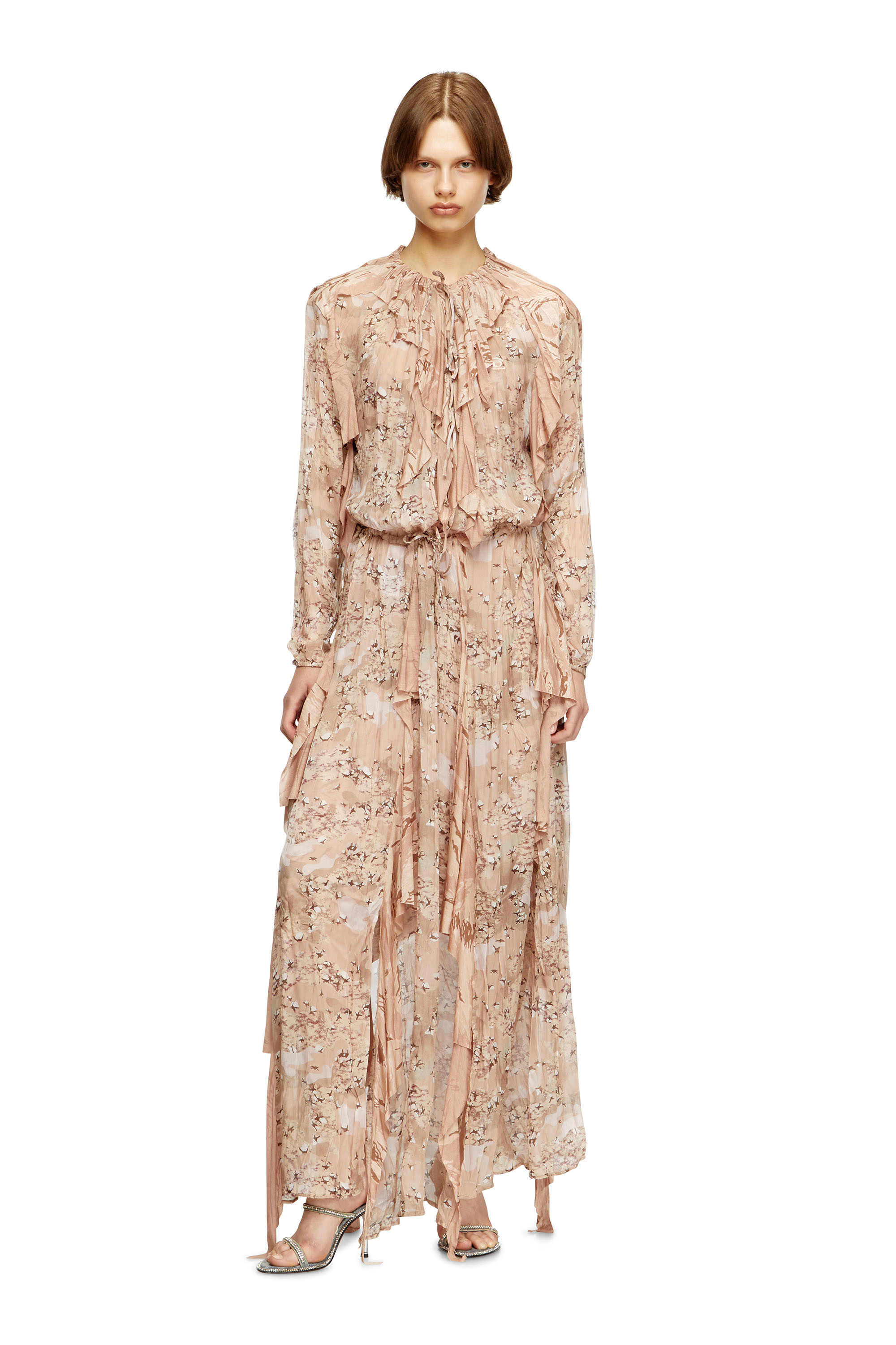 Diesel - D-AZZLING-R1, Female's Ruffled maxi dress in camo chiffon in Face Powder - 2