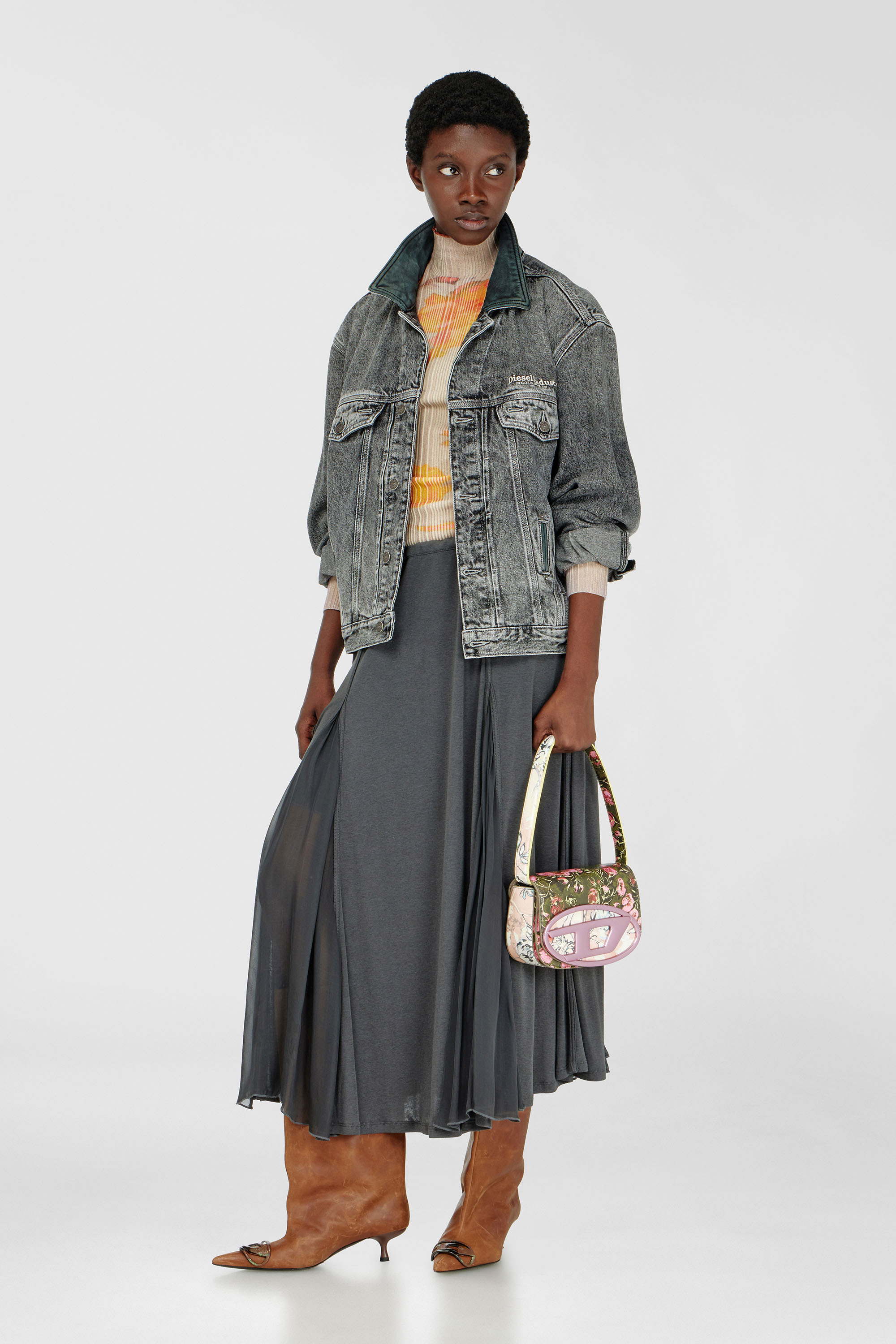 Diesel - D-DENVER-S, Unisex's Denim trucker jacket with tonal leather trims in Grey - 7
