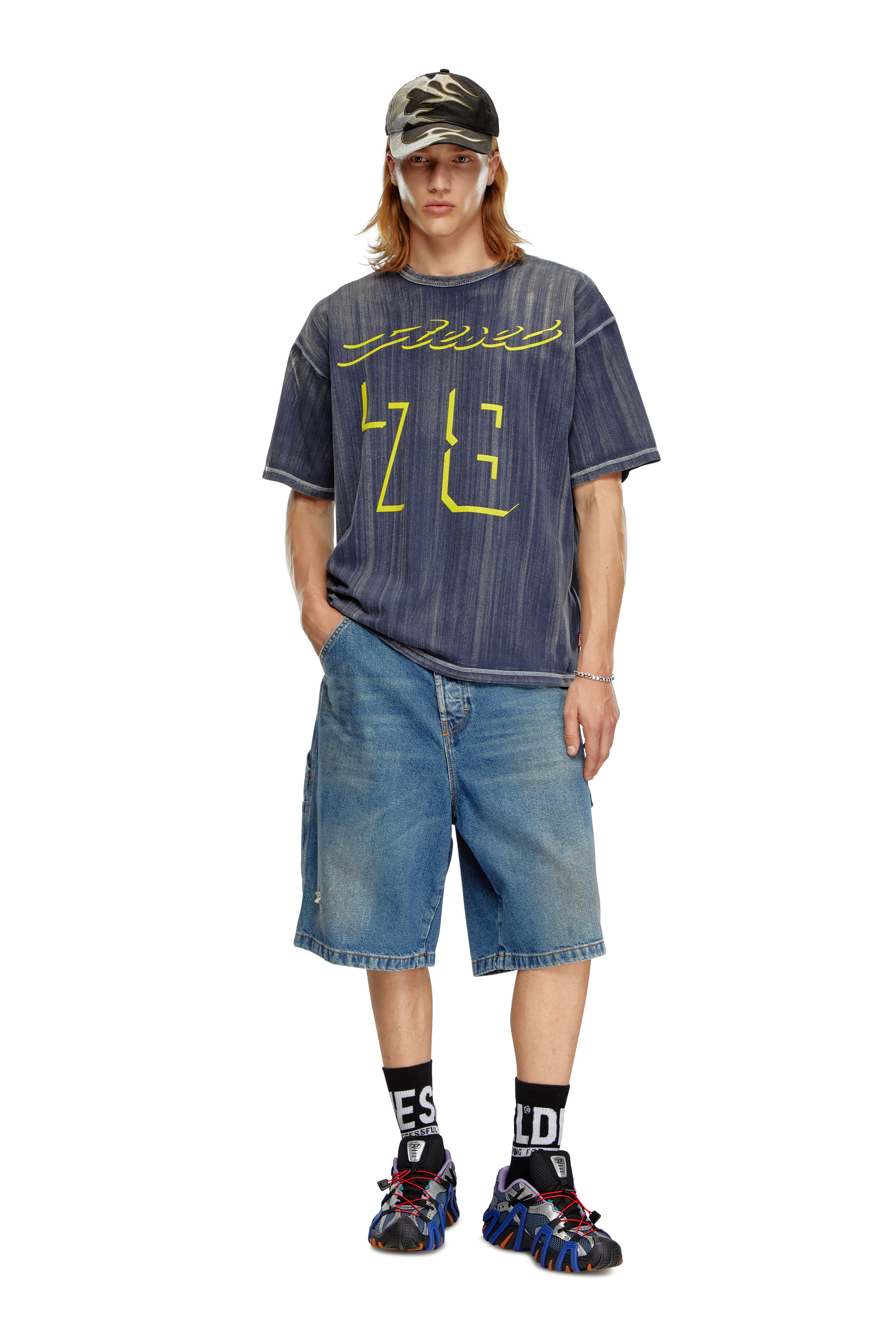 Men's Treated T-shirt with flocked logo | Blue | Diesel