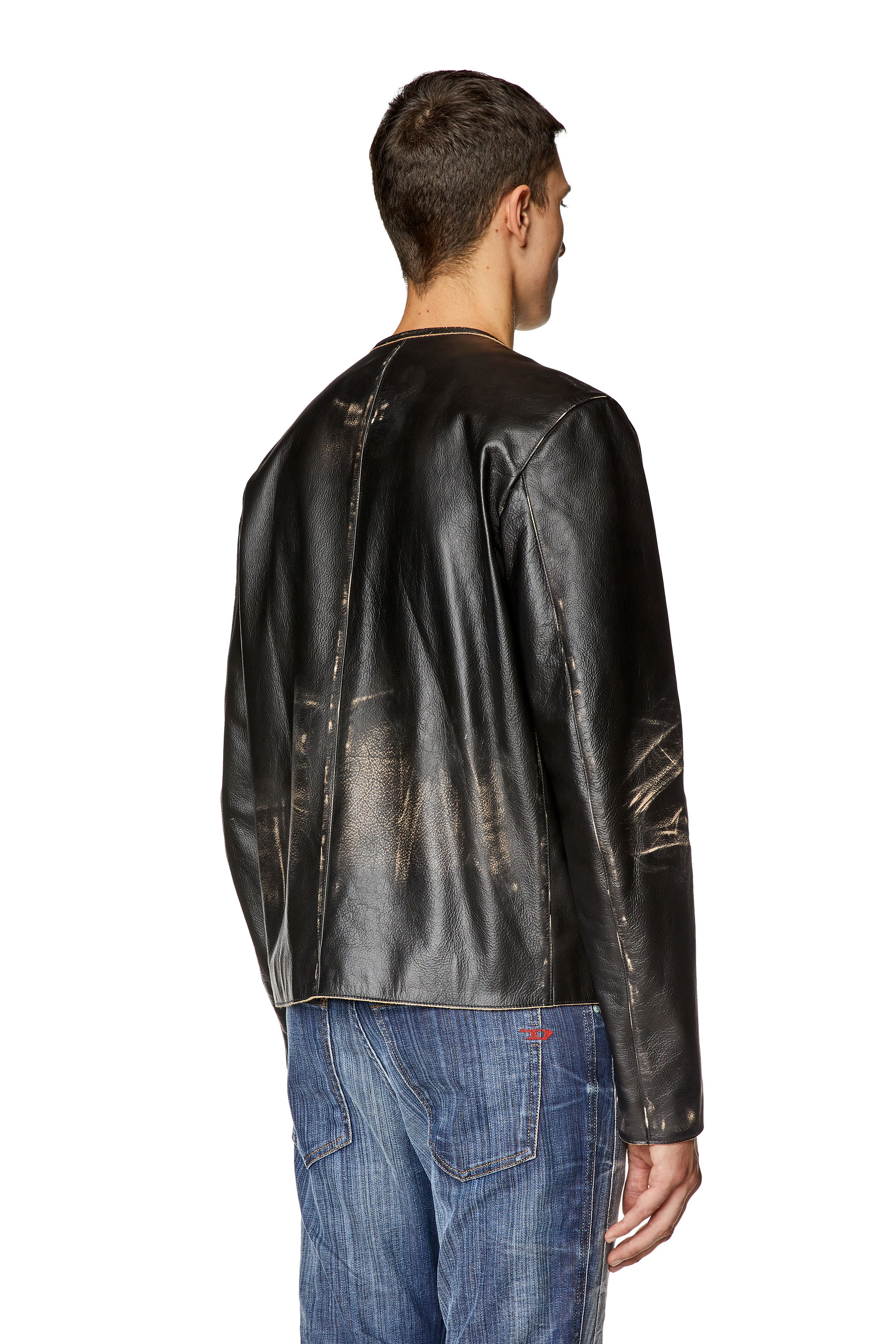 Men's Distressed leather jacket with metal logo | Black | Diesel