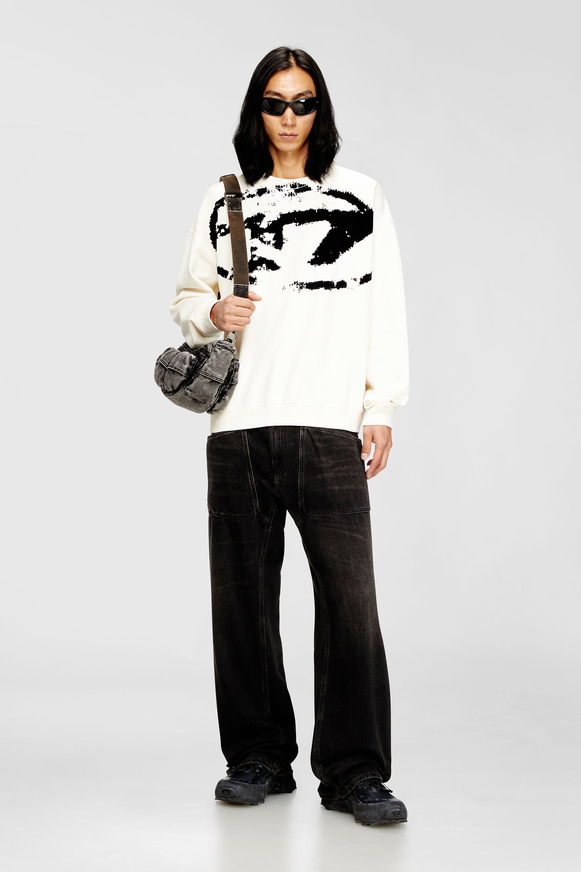 Diesel - S-BOXT-N5, Man's Sweatshirt with distressed flocked logo in White/Black - 1