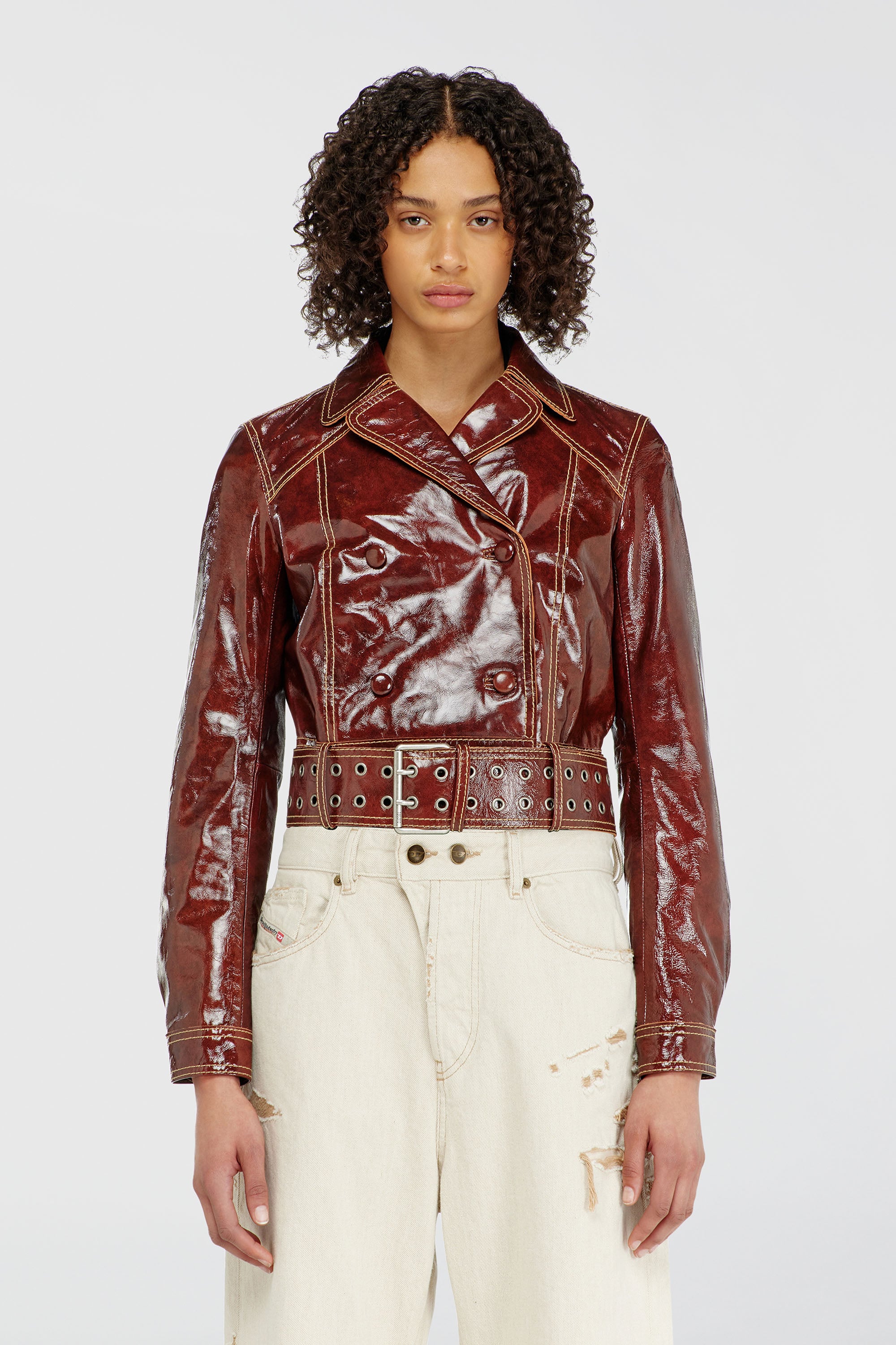 Diesel - L-EGEND, Woman's Patent-leather jacket with large belt in Brown - 6