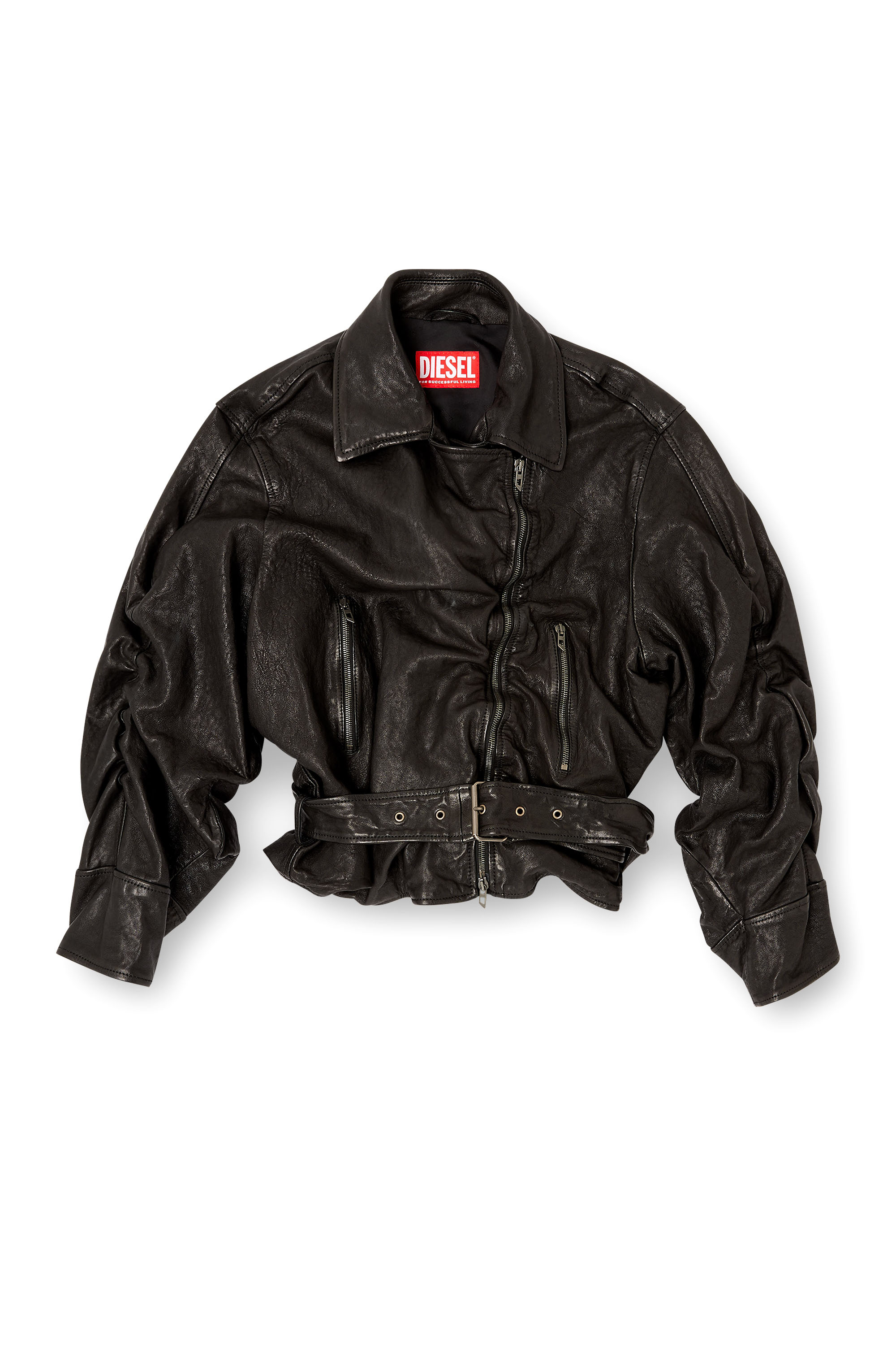 Diesel - L-OYS, Veste à ceinture en cuir bouilli Femme in Noir - 3