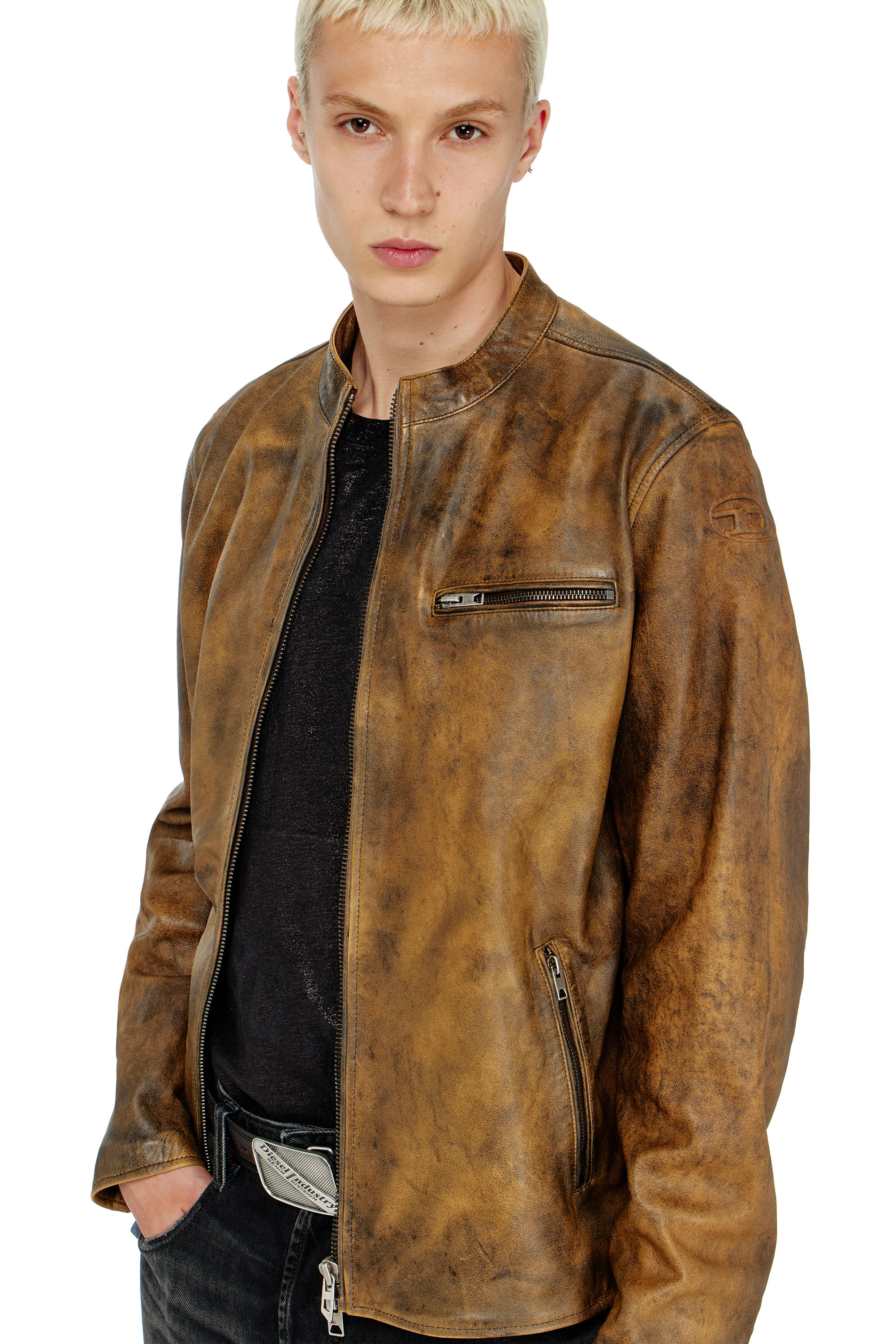 Diesel - L-ZAD-KNCZ, Male's Biker jacket in treated leather in null - 4