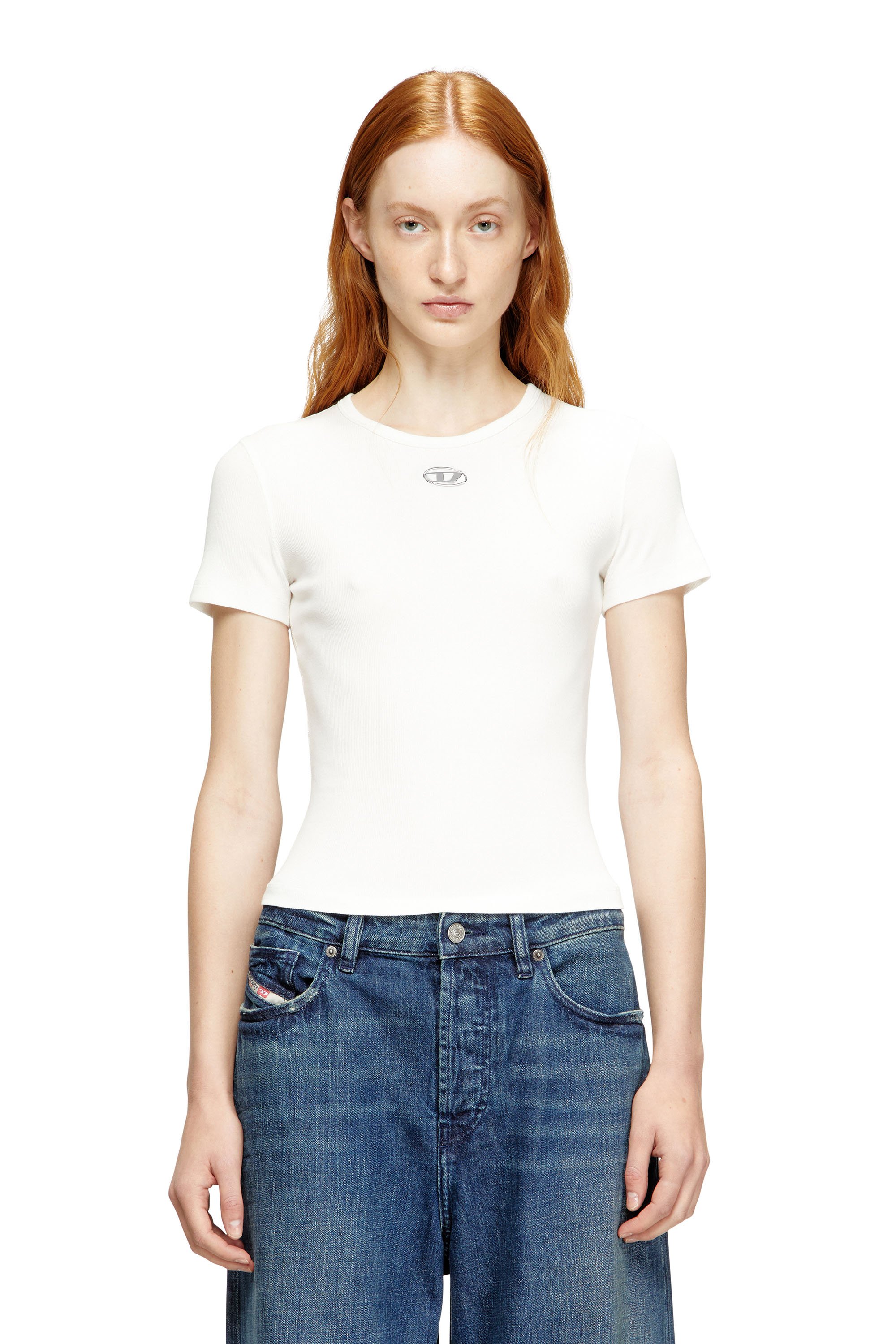 Diesel - T-ELE-LONG-OD, Female's Slim ribbed T-shirt with metallic Oval D in White - 1
