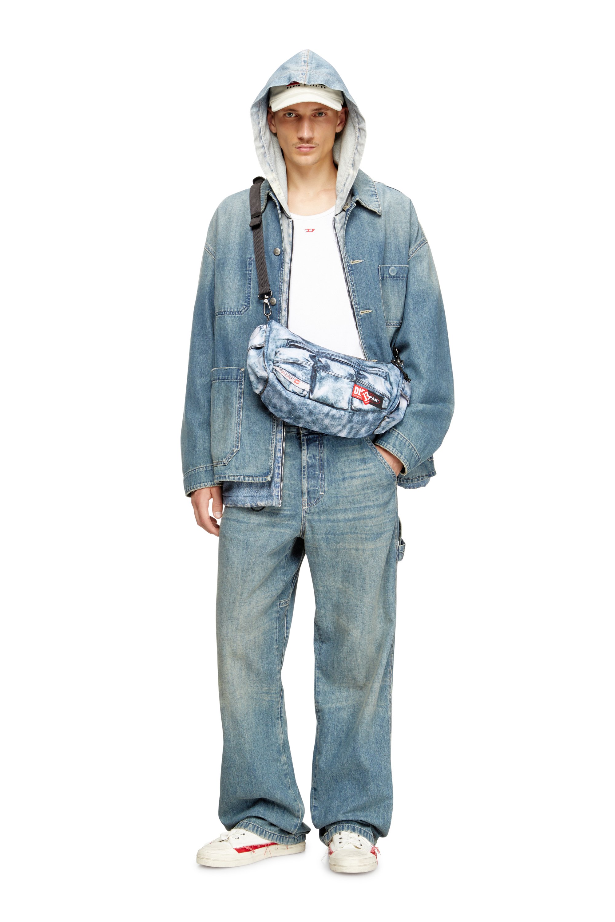 Diesel - DIESEL SHOULDER BAG, Unisex's Multipocket bag in trompe l'oeil denim in Blue - 6