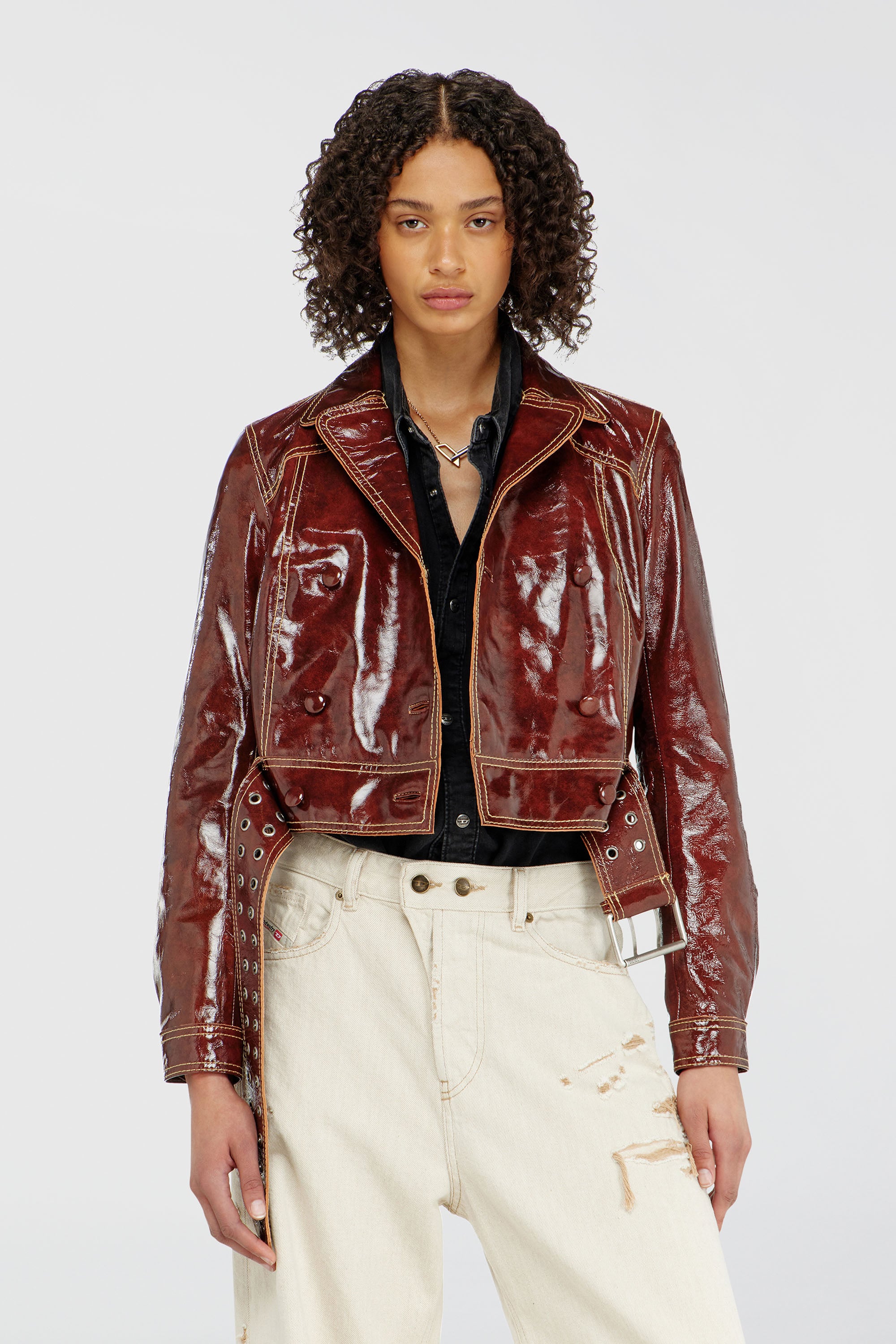 Diesel - L-EGEND, Chaqueta de charol con cintur&oacute;n ancho Mujer in Rojo - 1