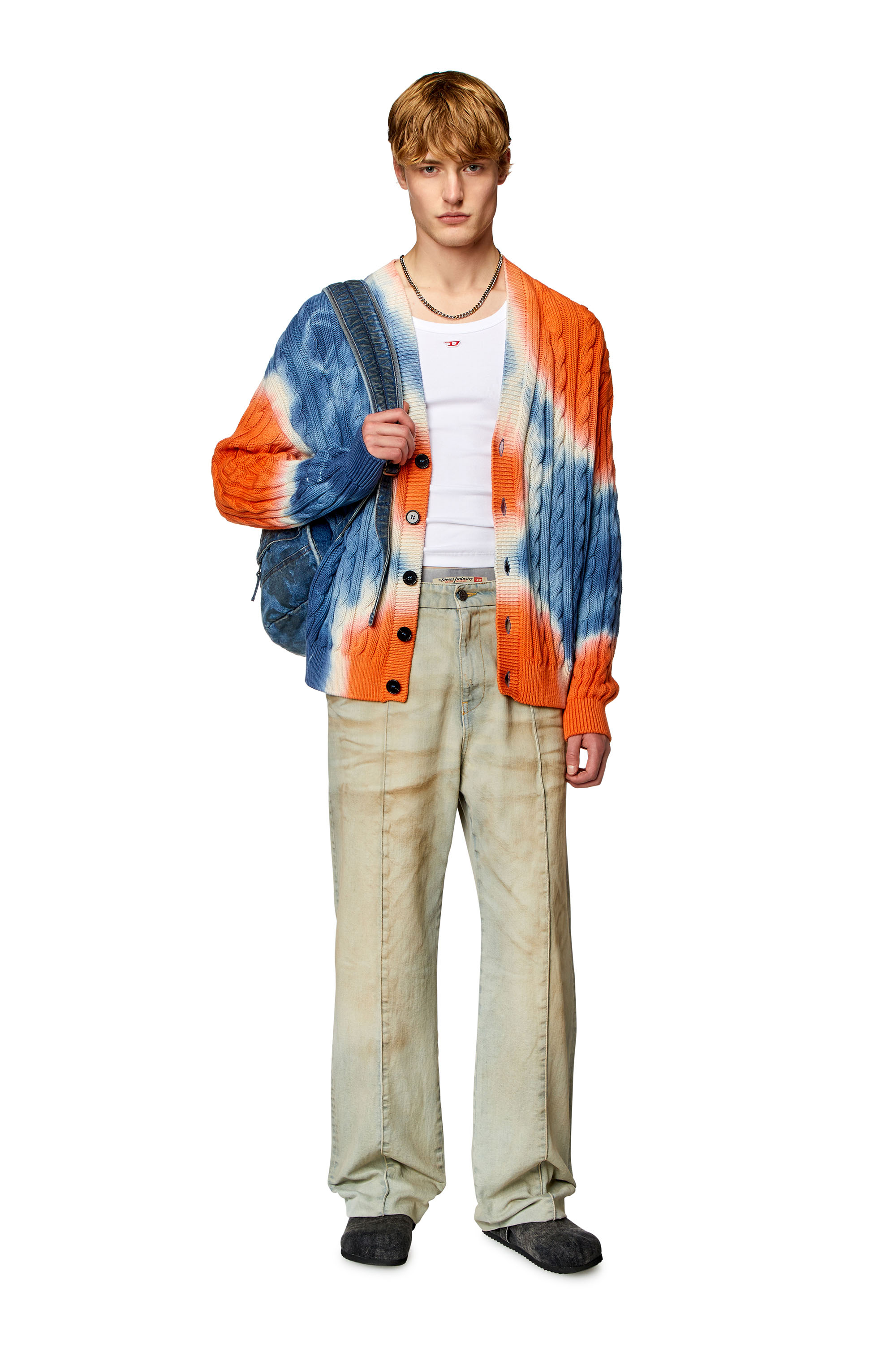 Diesel - K-JONNY, Man's Tie-dye cardigan in cable-knit cotton in Blue/Orange - 1