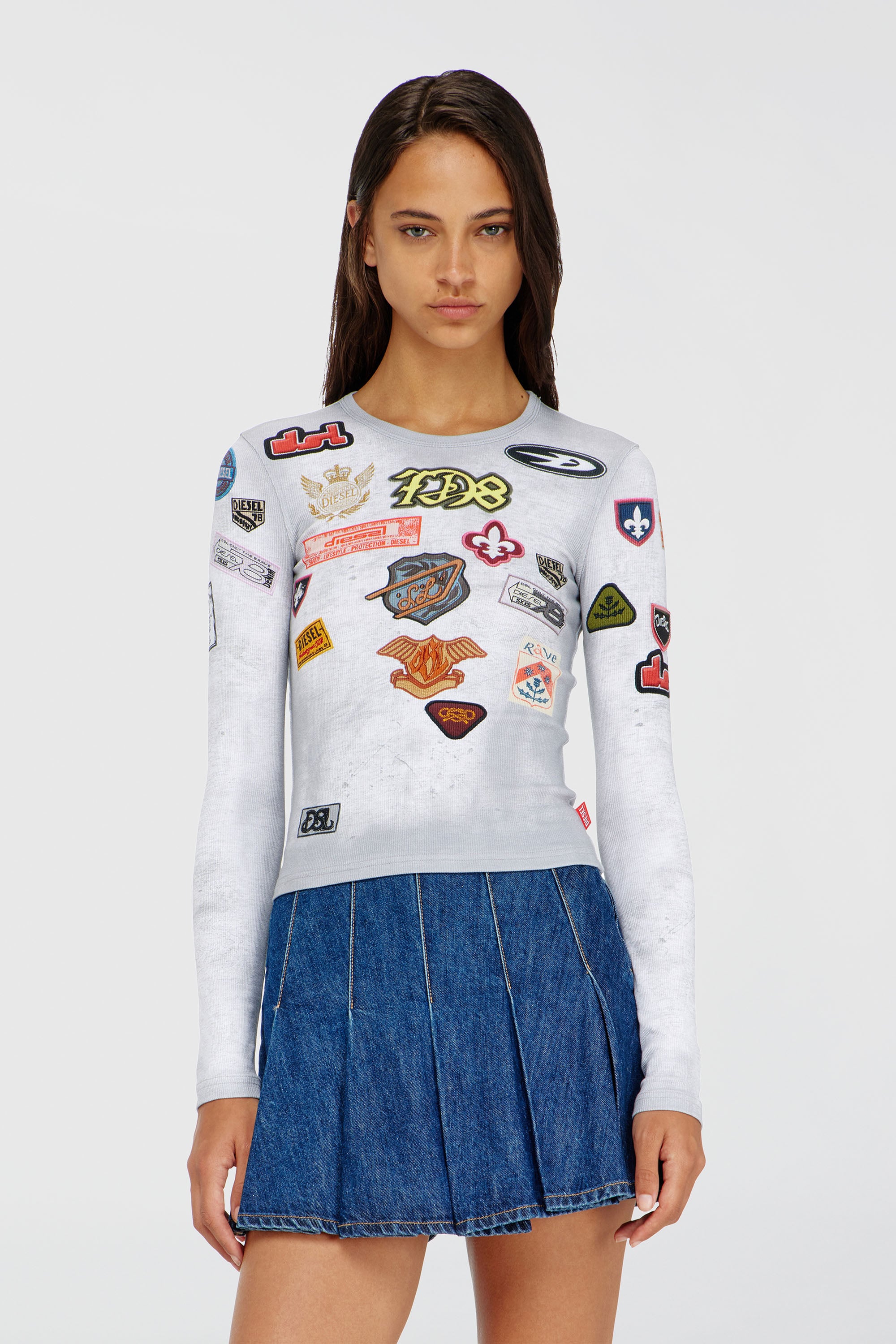 Diesel - T-ELE-LONGSLEEVE, Female's Top in ribbed jersey with all-over patch print in White - 3