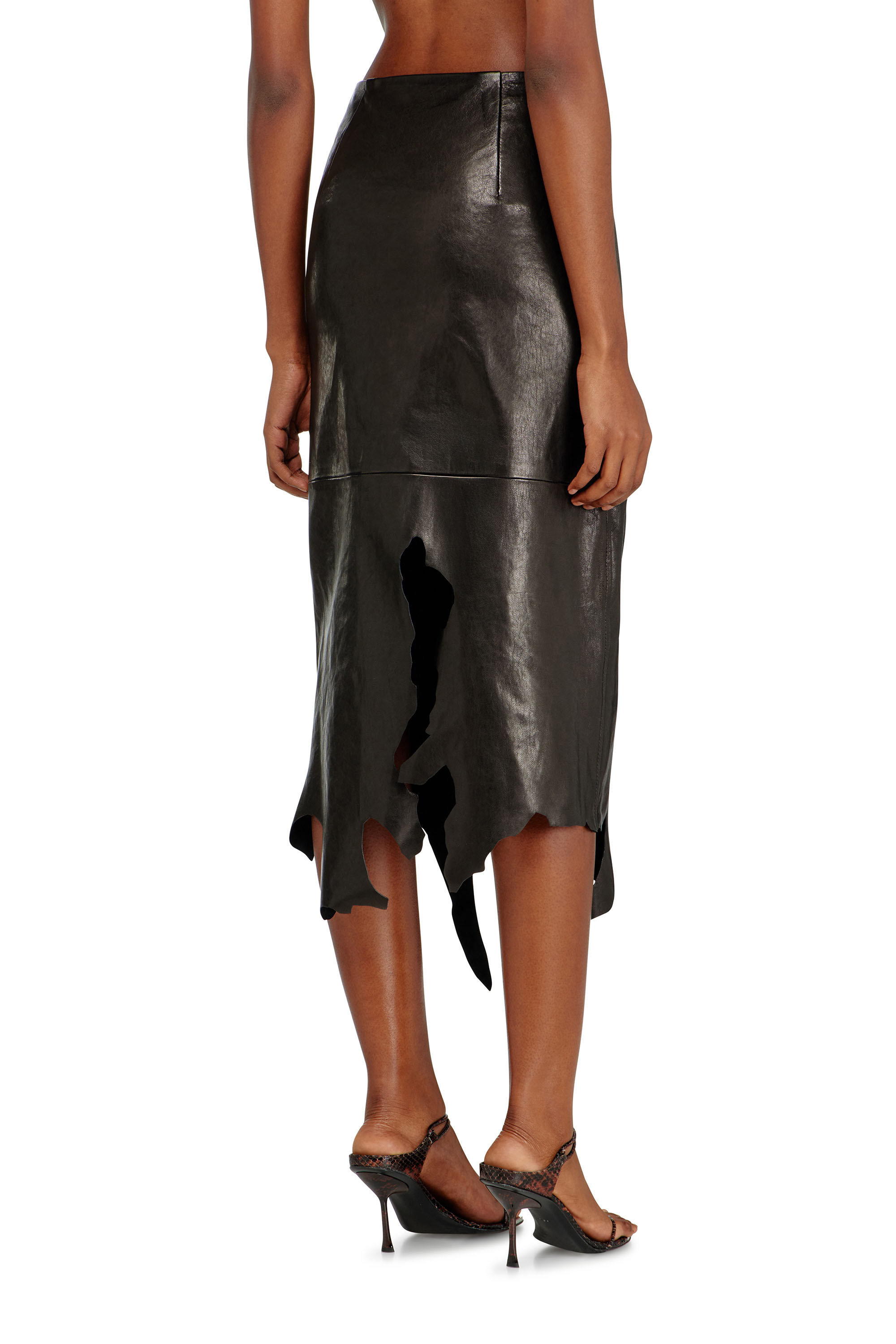 Diesel - L-TORN, Female's Leather midi skirt with jagged hem in Black - 4