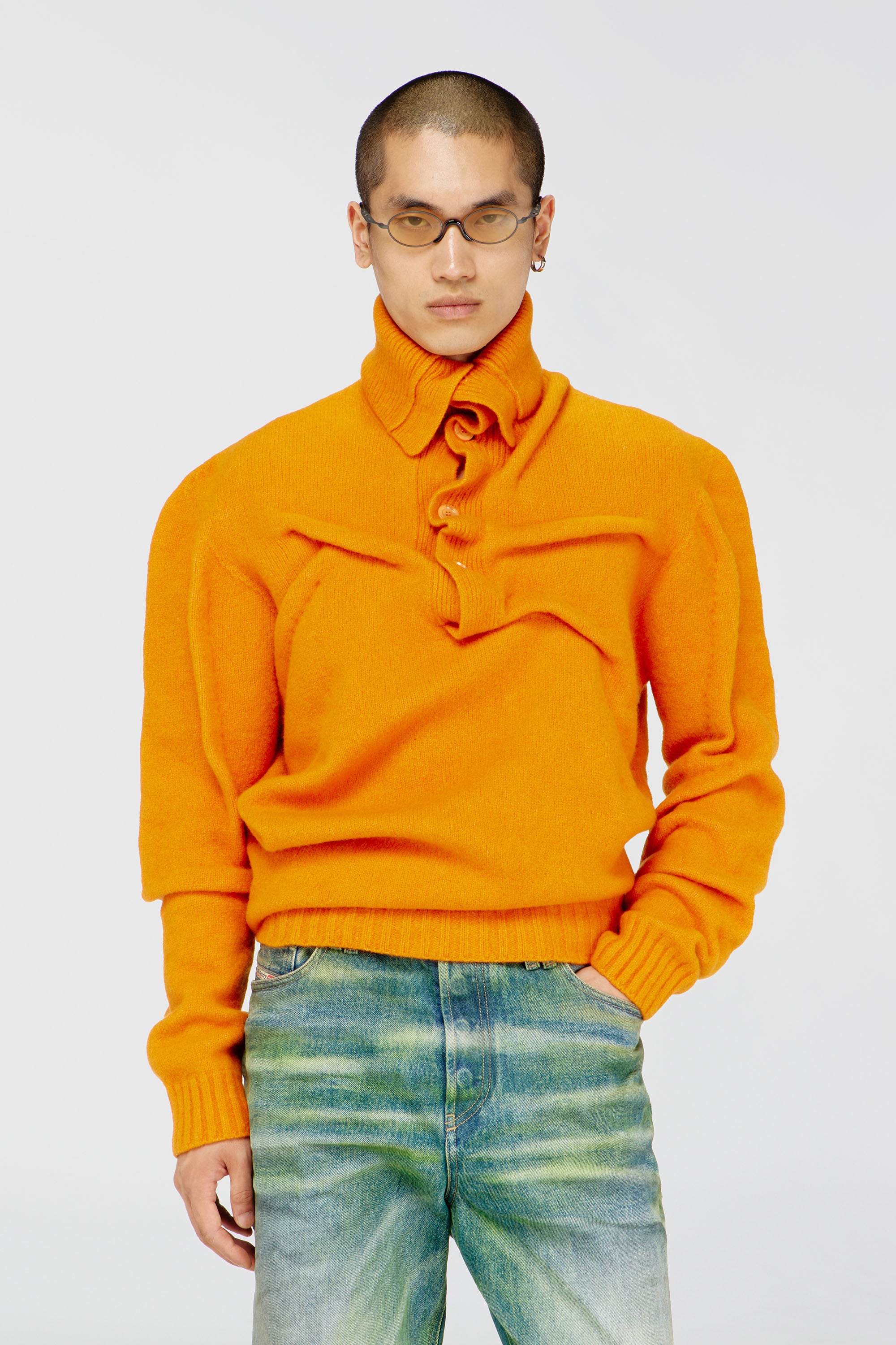 Diesel - K-ANDREW, Male's Button-neck jumper in wrinkled boiled knit in Orange - 1