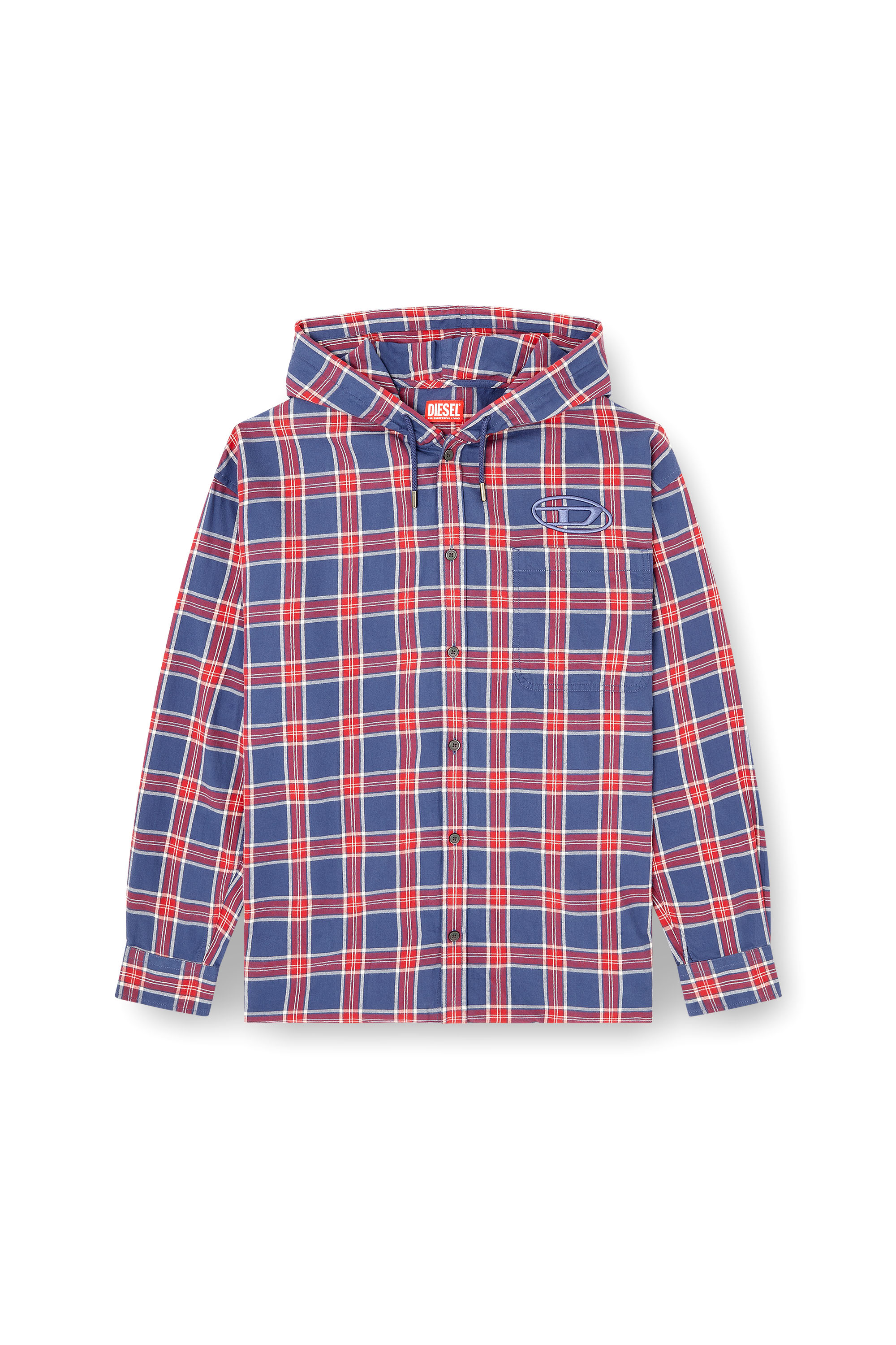 Diesel - S-DEWNY-HOOD-AJFI, Man's Cotton hooded shirt with 3D embroidery in Blue/Red - 3