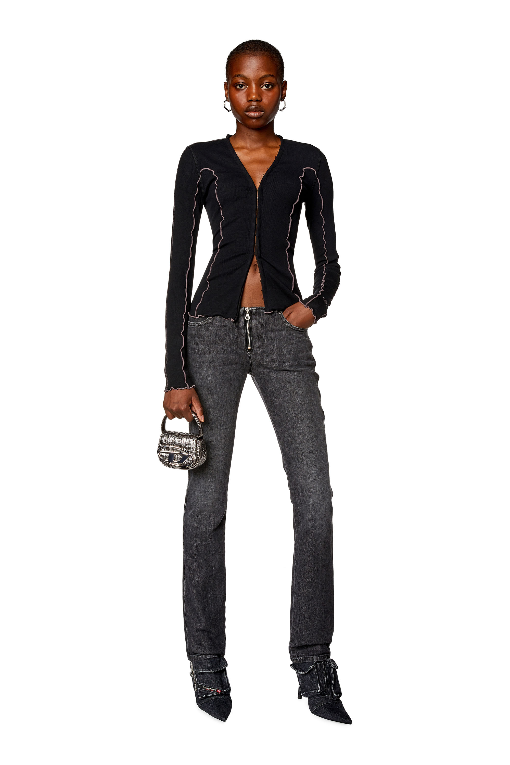 Women's Ribbed cardigan with curly seams | Black | Diesel