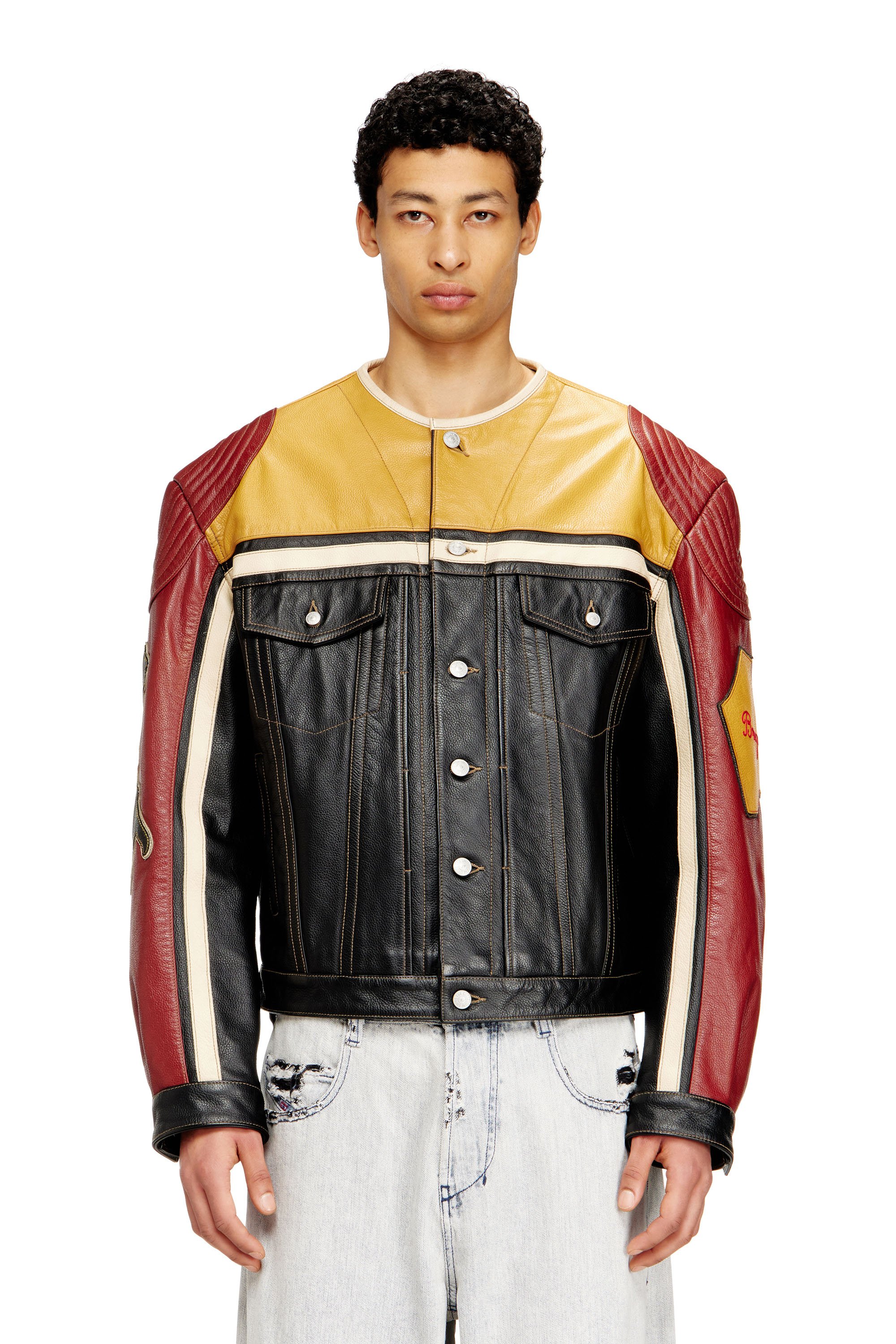 Diesel - L-COUG-20TH, Unisex's Leather jacket with patch details in Black/Red - 2