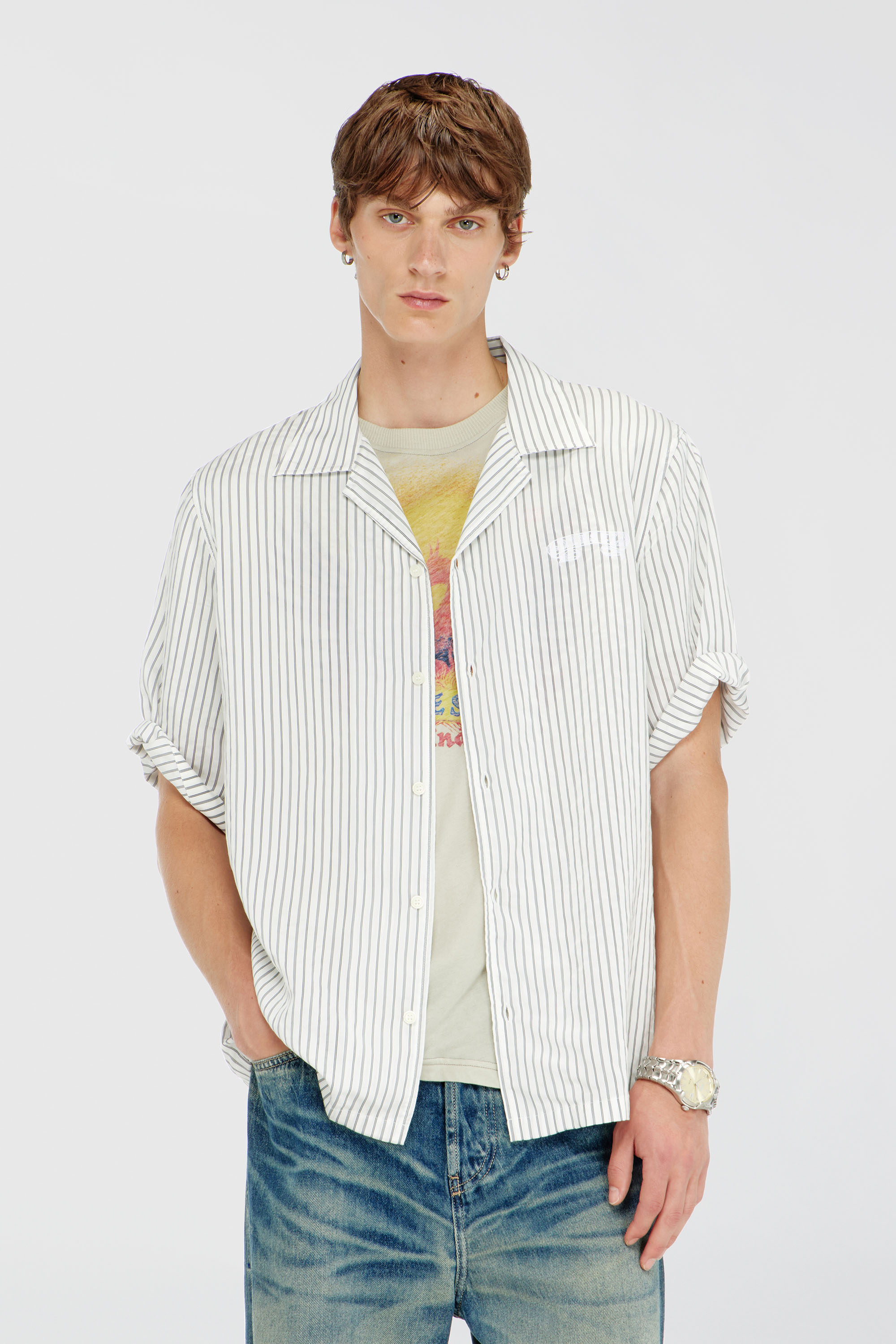Diesel - S-MAC-EFBV, Male's Half-sleeve shirt in pinstripe modal in White/Grey - 3