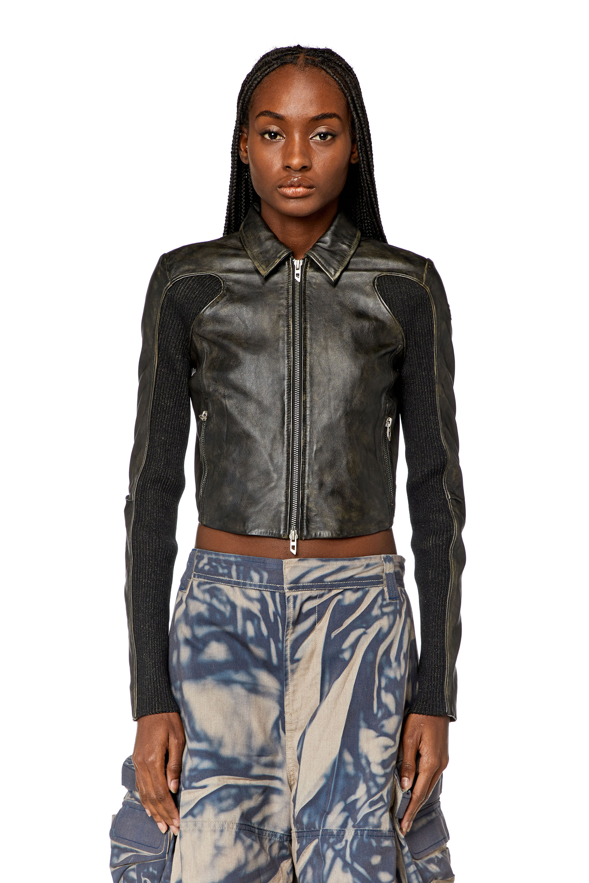Diesel - L-TOTEM, Woman's Cropped leather jacket with knit panels in Black/Brown - 6