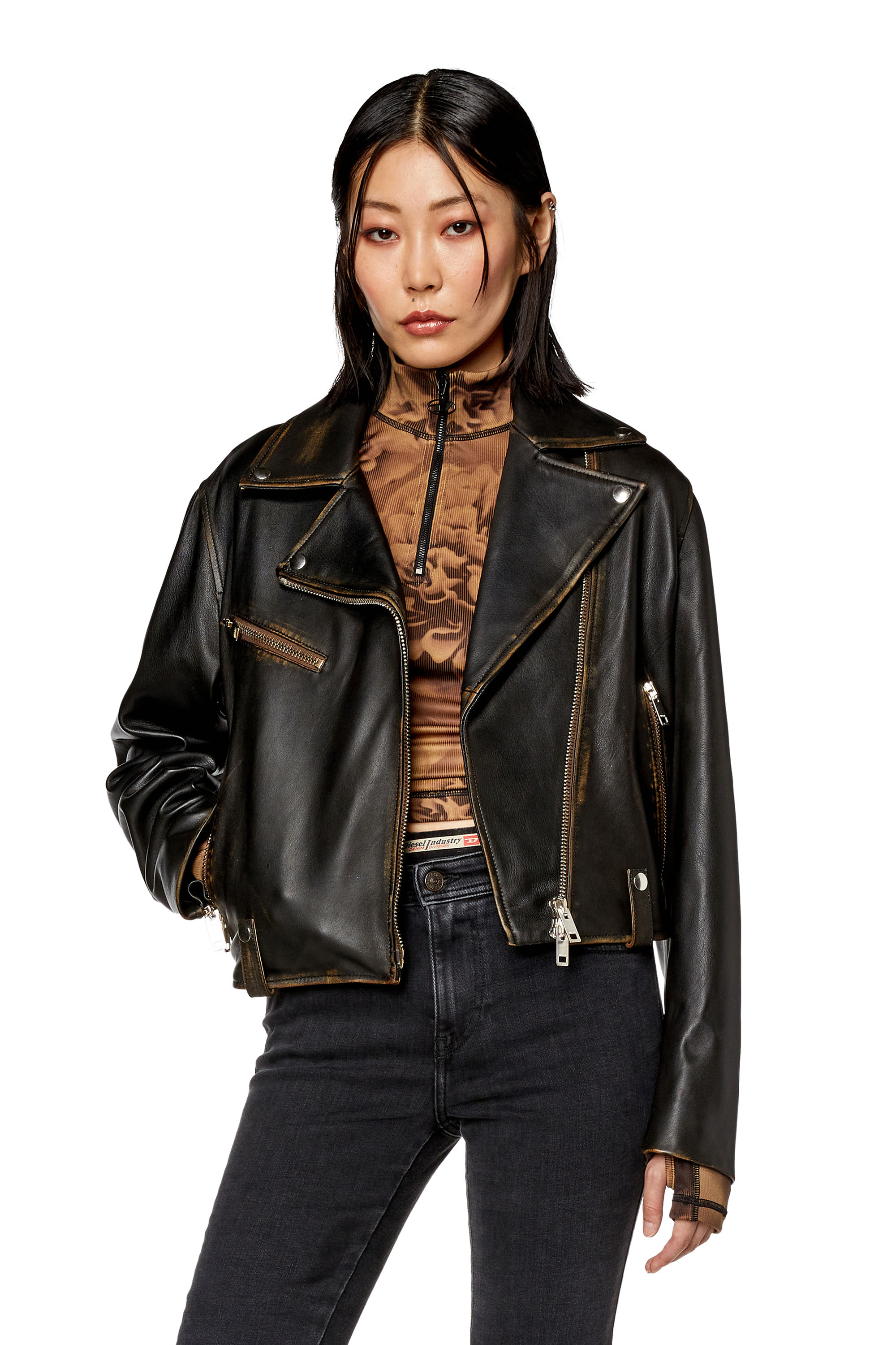 Diesel - L-EDME, Veste biker en cuir foulonné Femme in Noir - 1