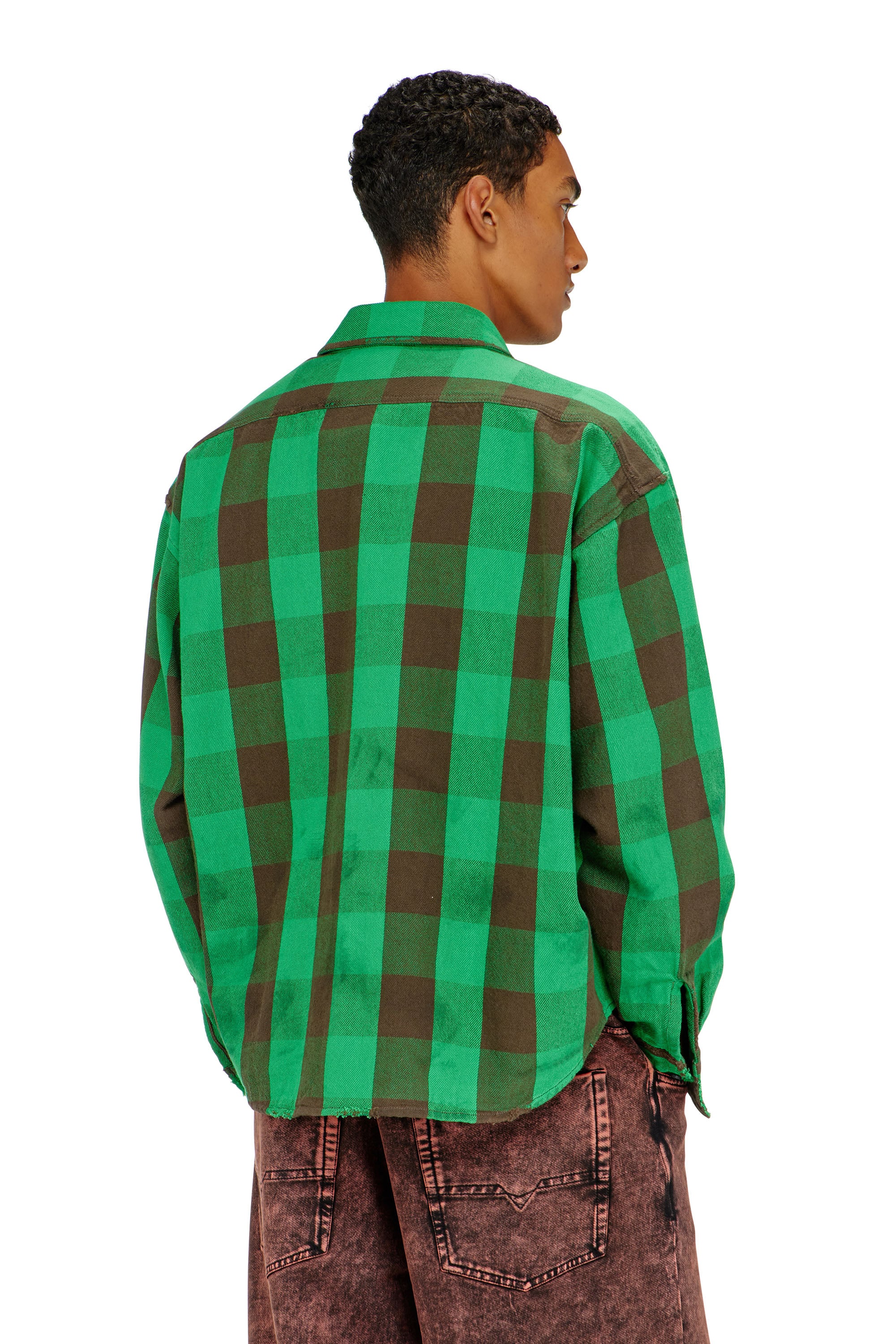 Diesel - S-DRUM, Man's Check flannel shirt with distressed effect in Brown/Green - 3