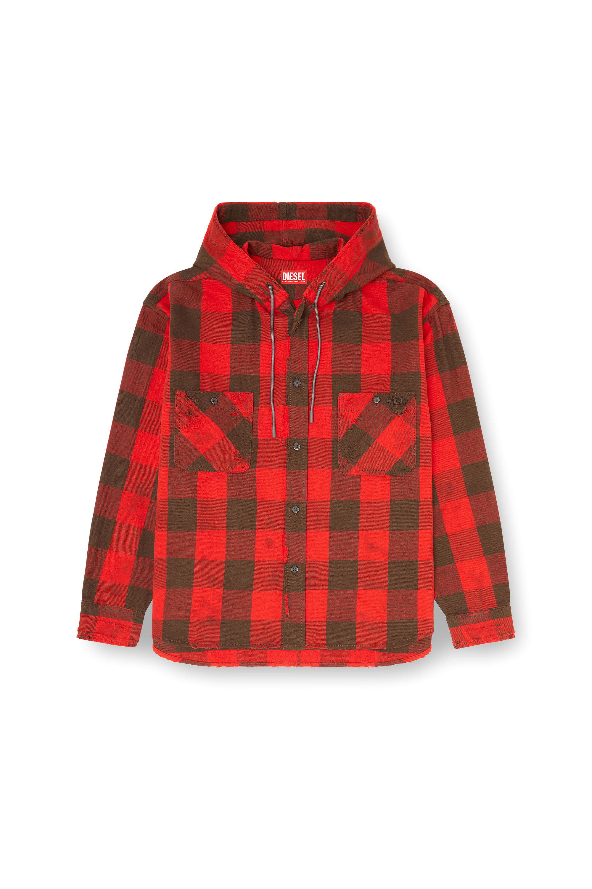 Diesel - S-DRUM-HOODY, Man's Distressed hooded shirt in check flannel in Red/Brown - 3