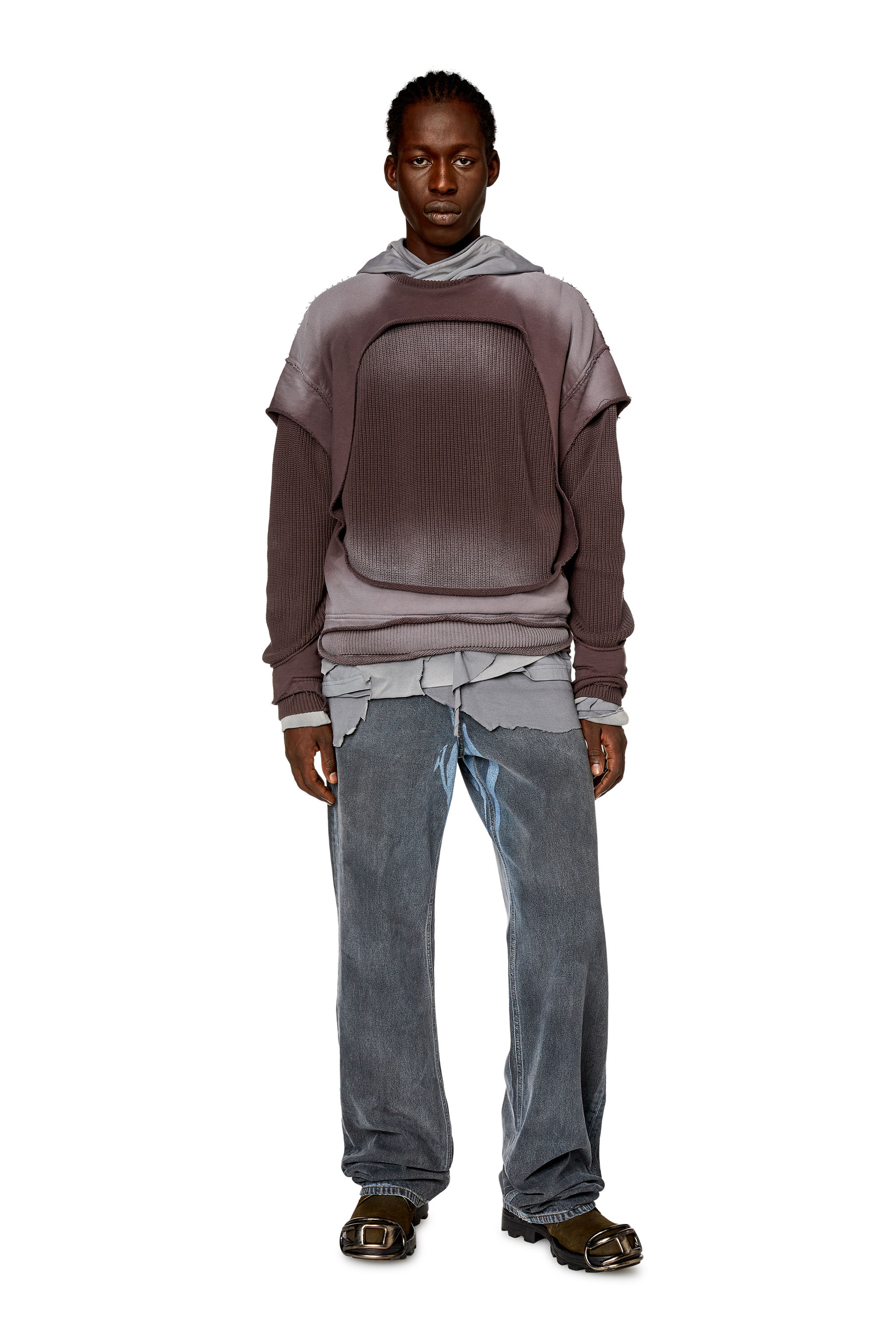 DIESEL ディーゼル K-OSBERT Ripped Cotton Sweatshirt レイヤードコットンニット A12451 ブラウン Men's Jumper with destroyed peel-off effect | Grey | Diesel US