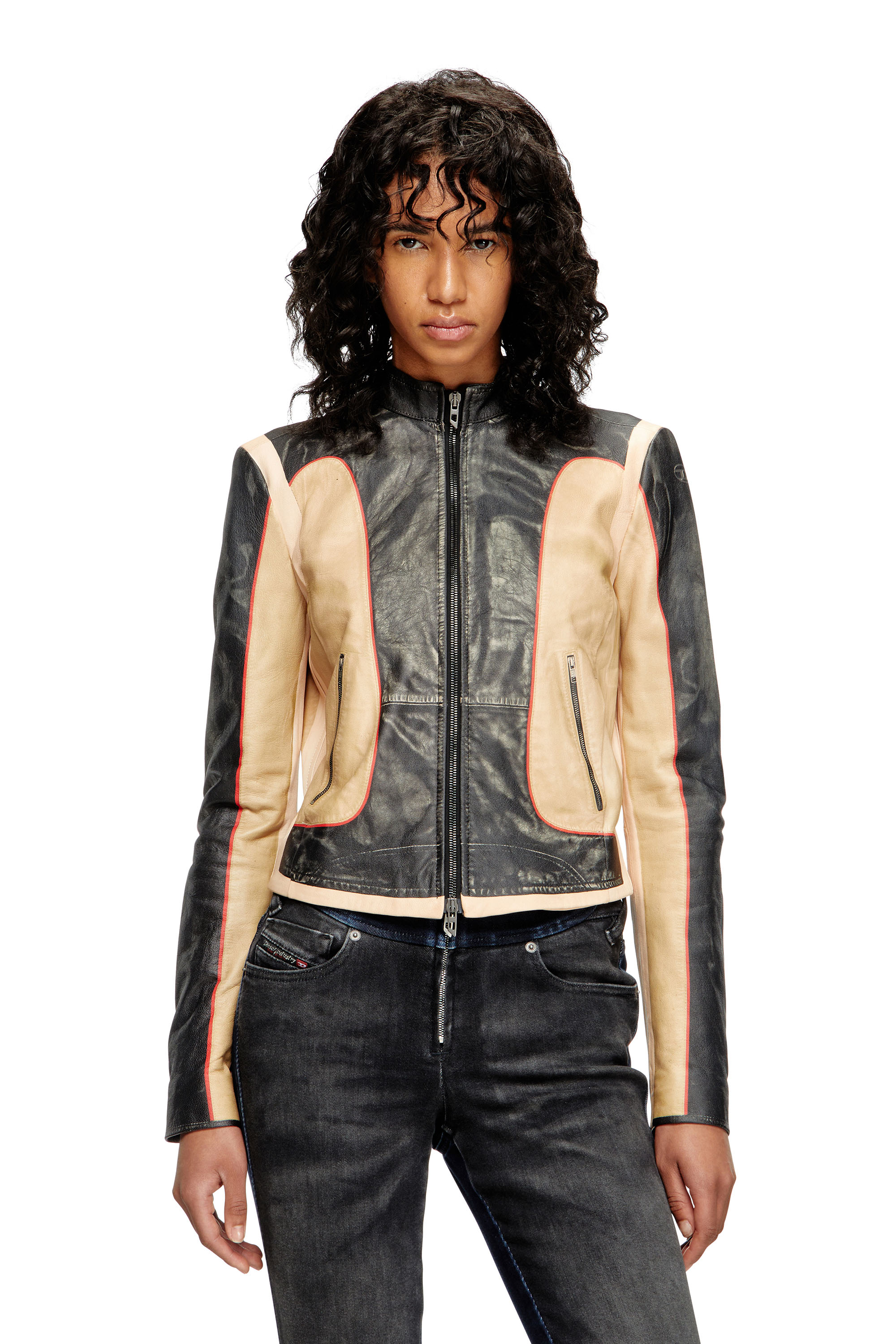 Diesel - L-OONIE, Female's Trompe l'oeil-effect leather biker jacket in Beige/Black - 1