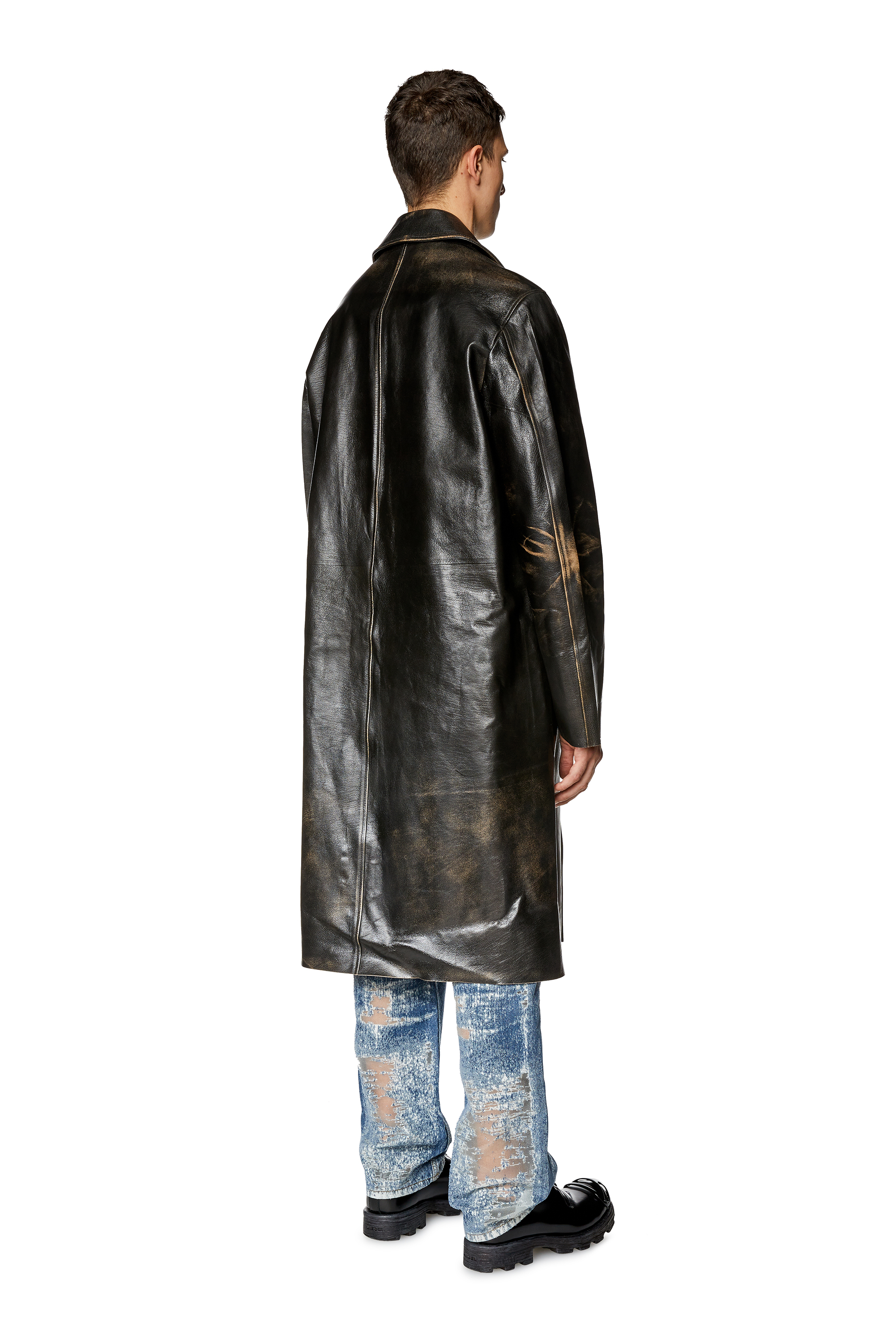 Diesel - L-KAUFFMAN, Man's Distressed leather trench coat in Brown - 4