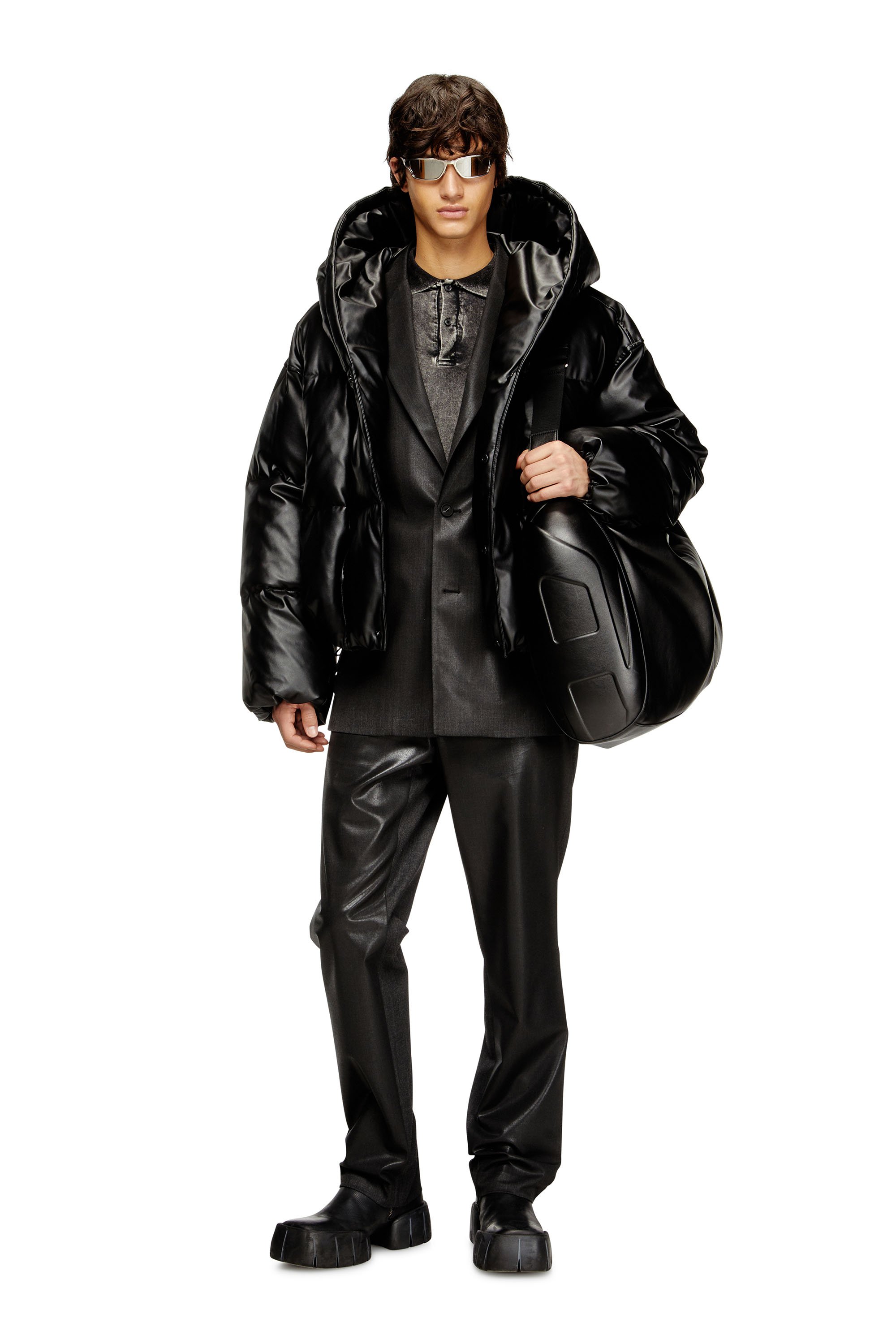 Diesel - W-MYLEY, Male's Hooded puffer jacket in coated fabric in Black - 2