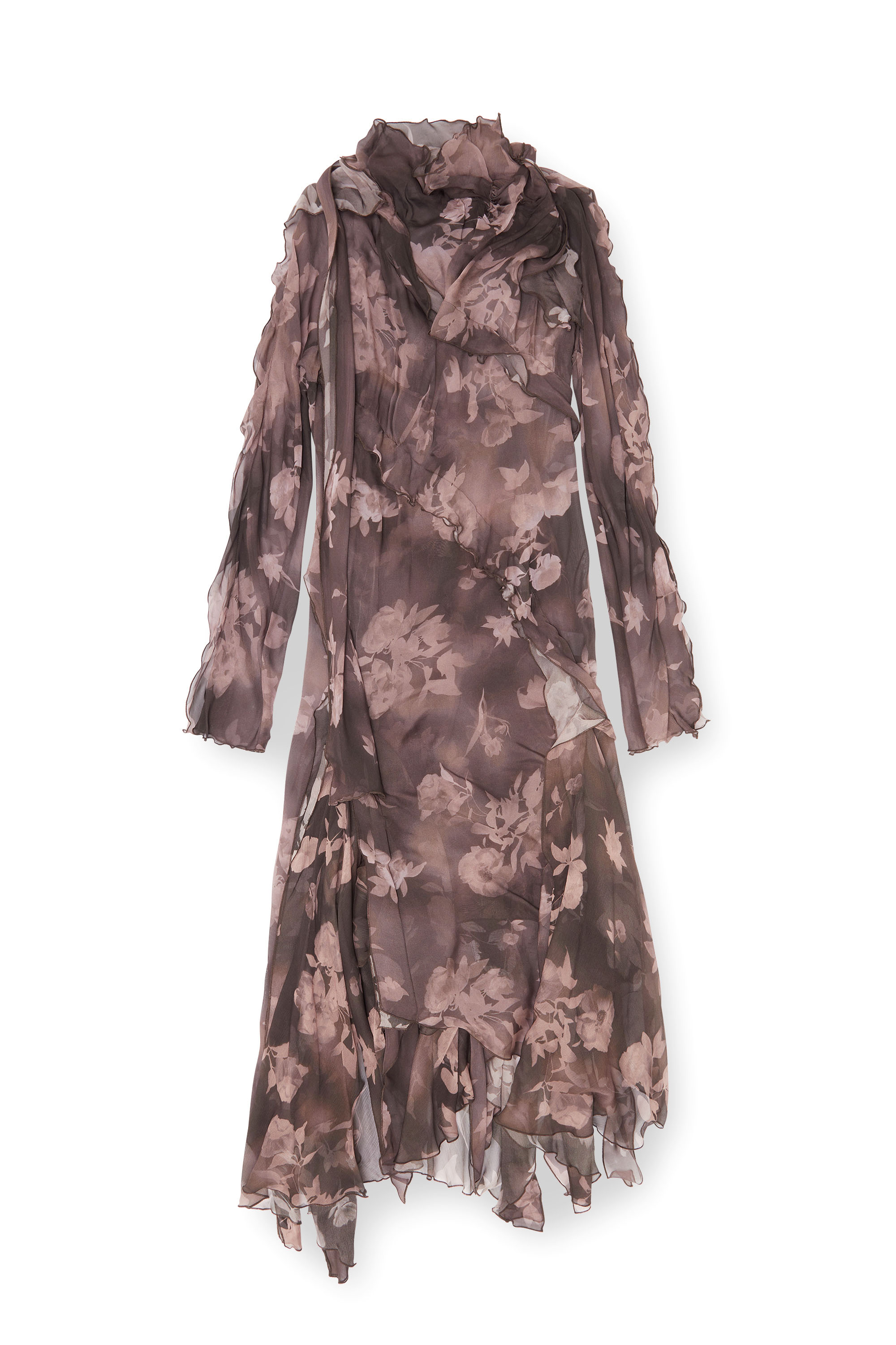 Diesel - D-RIADI, Female's Asymmetric midi dress in chiffon and silk-crepe in Brown - 2