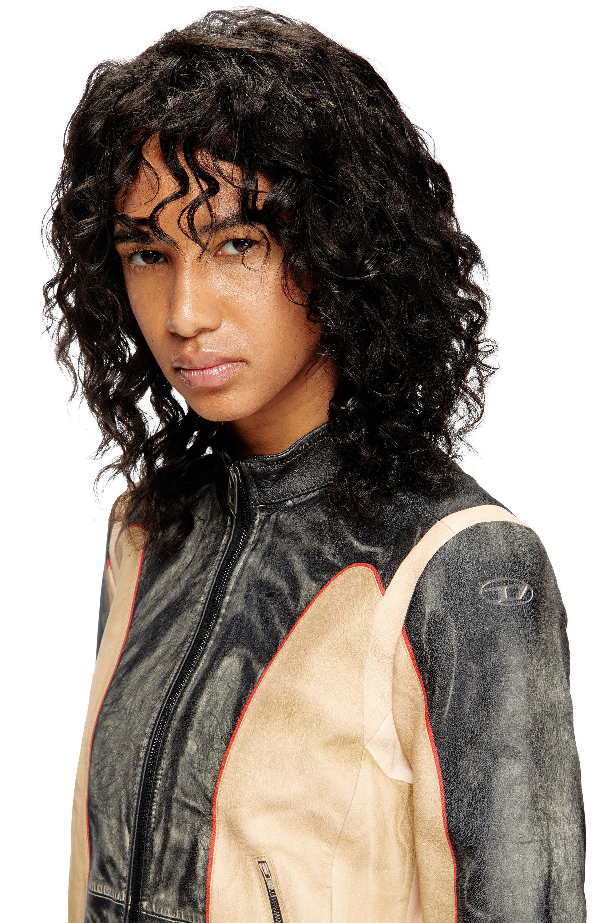 Diesel - L-OONIE, Female's Trompe l'oeil-effect leather biker jacket in Beige/Black - 4