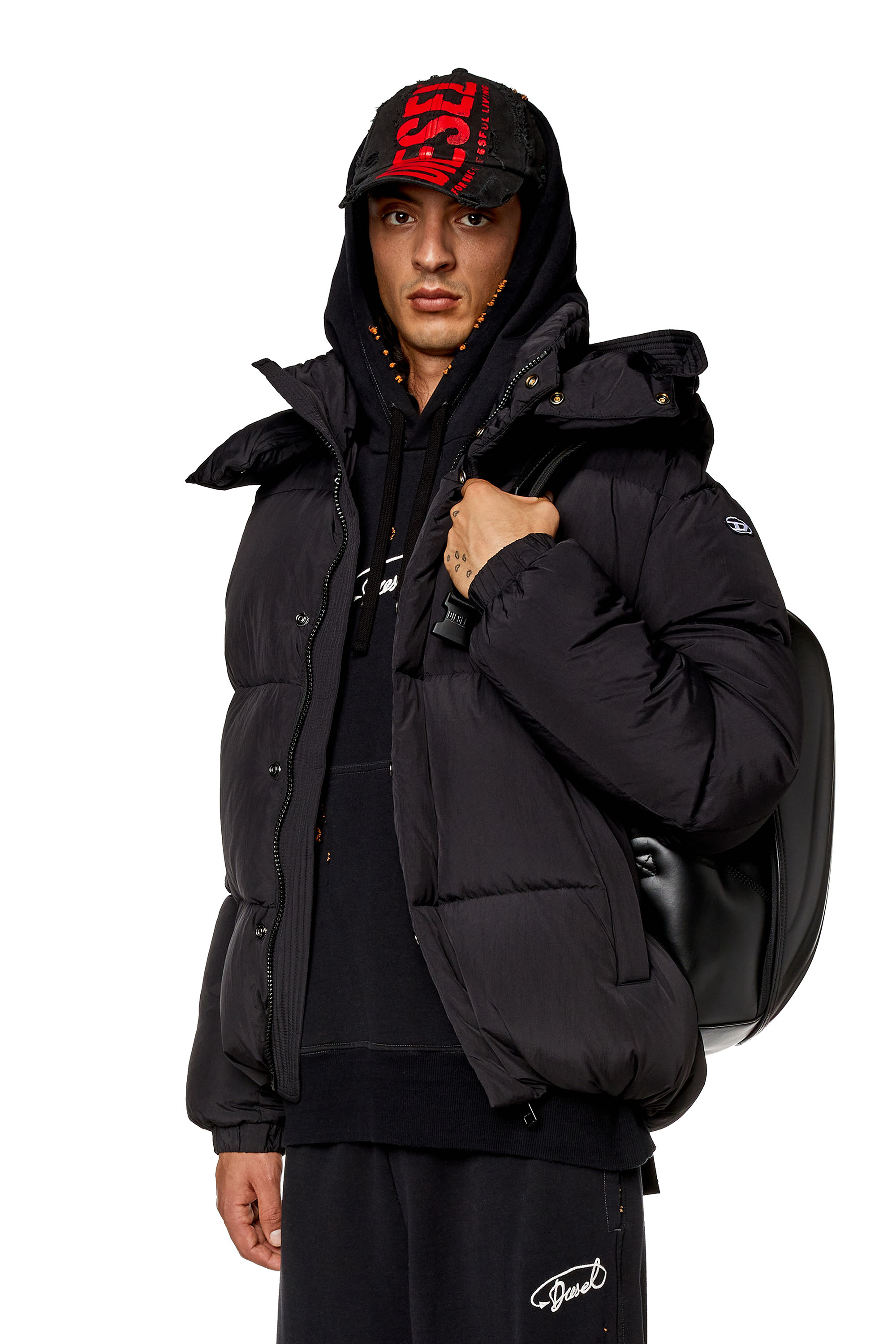 Diesel - W-ROLFYS, Man's Down jacket in recycled nylon taslan in Black - 1