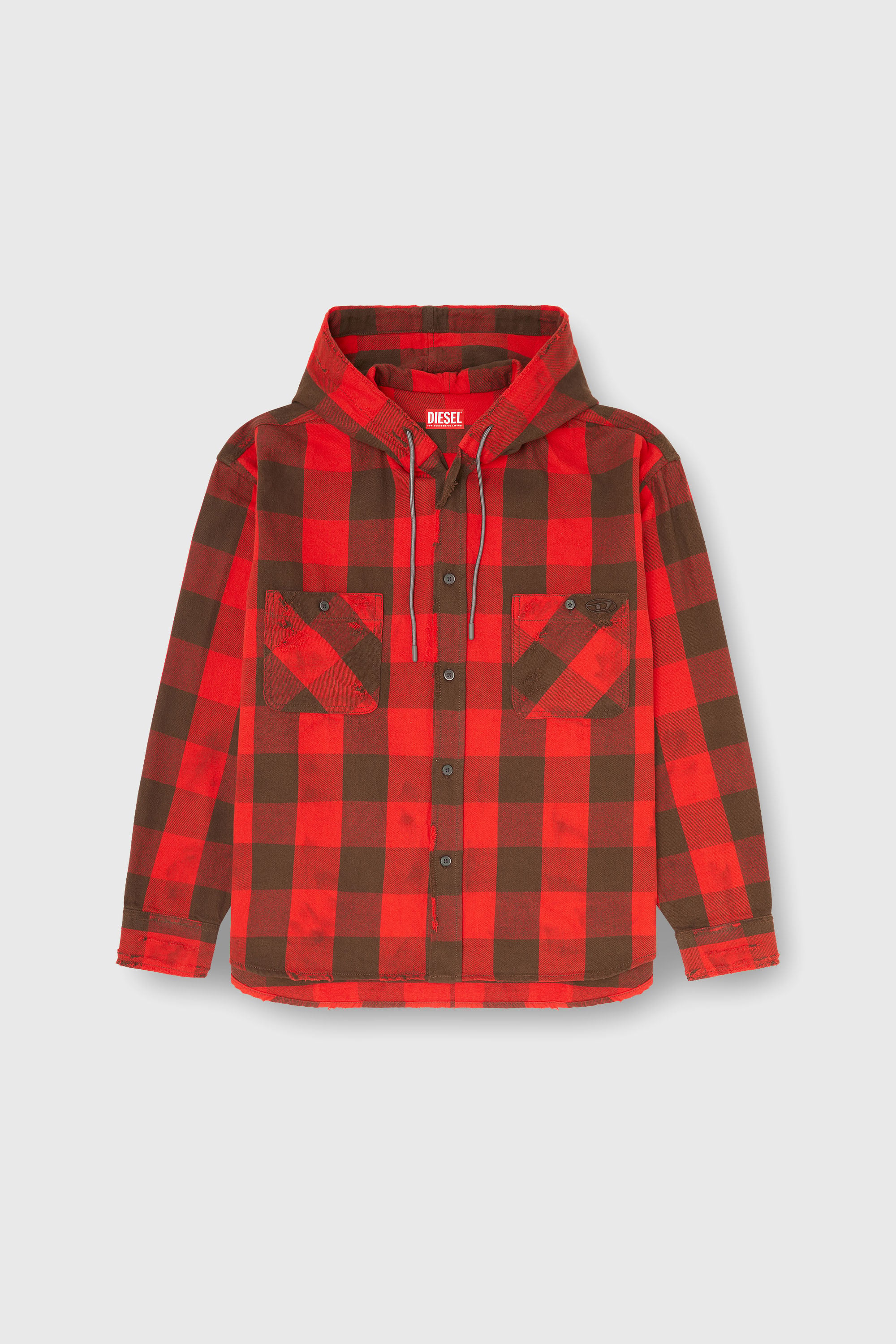 Diesel - S-DRUM-HOODY, Man's Distressed hooded shirt in check flannel in Brown/Red - 2
