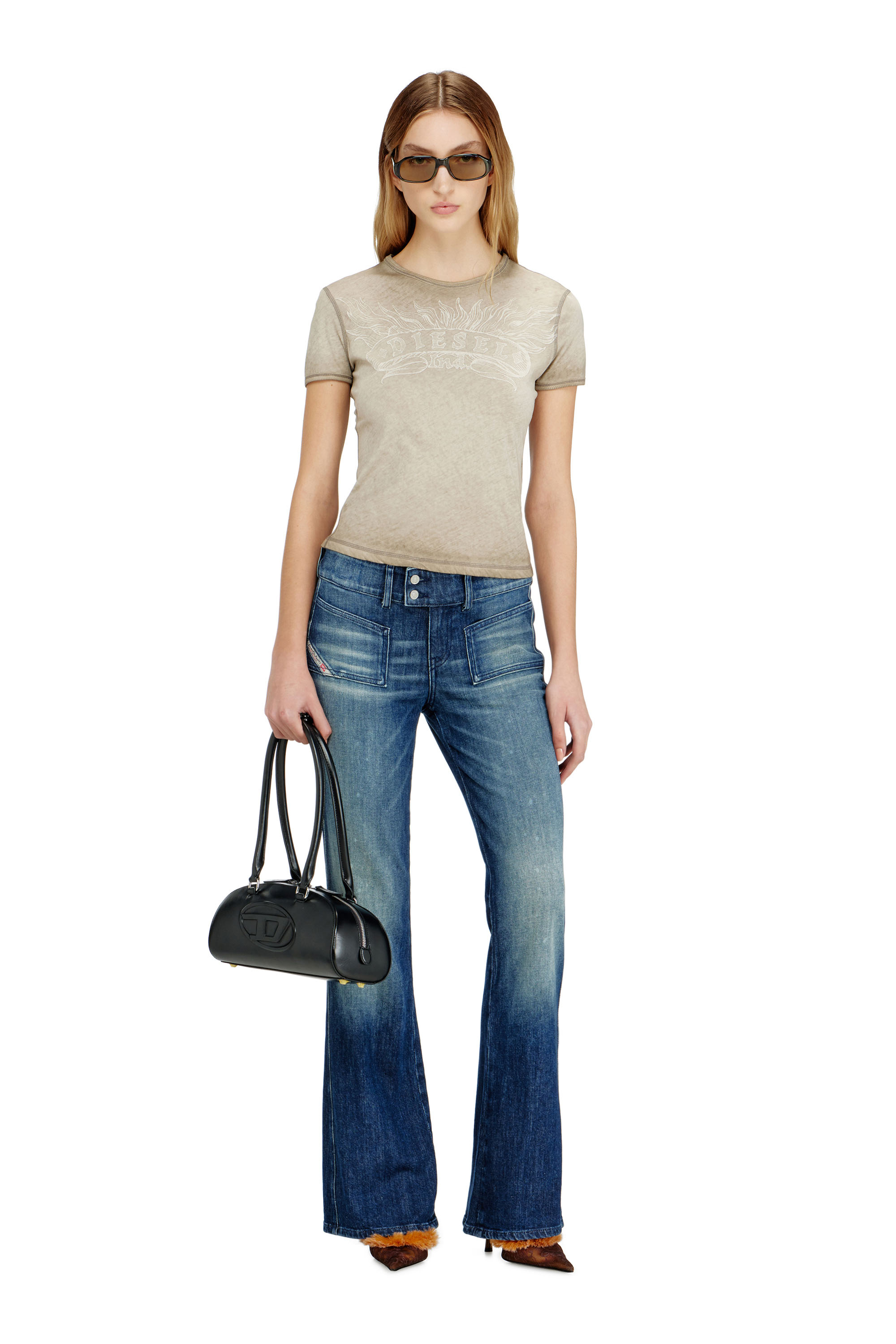 Diesel - T-UNCUTIES-LONG-AA2, Woman's Slim T-shirt with tonal logo print in Beige - 1