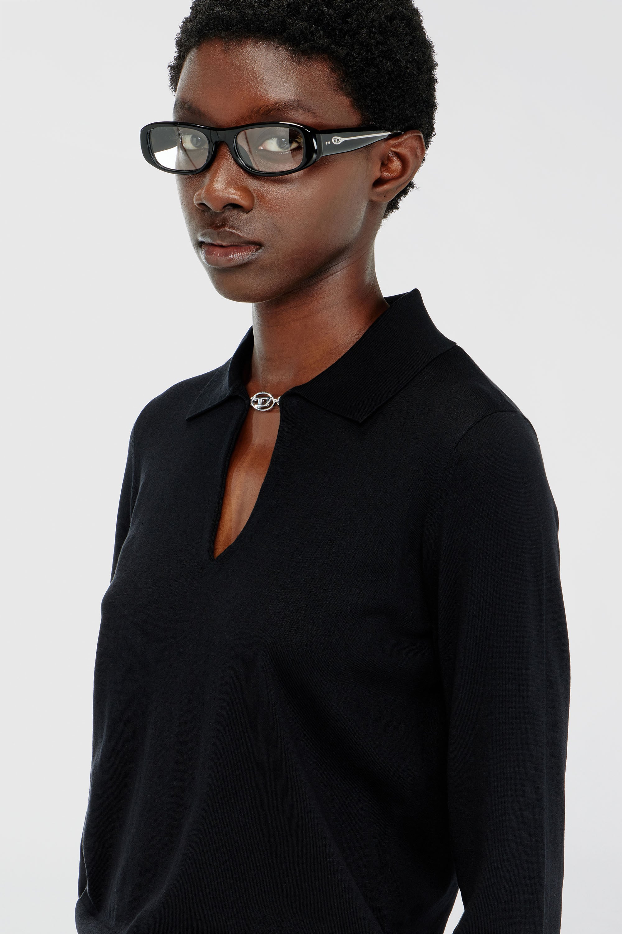Diesel - M-LILLI, Woman's Silk-blend polo jumper with Oval D plaque in Black - 4