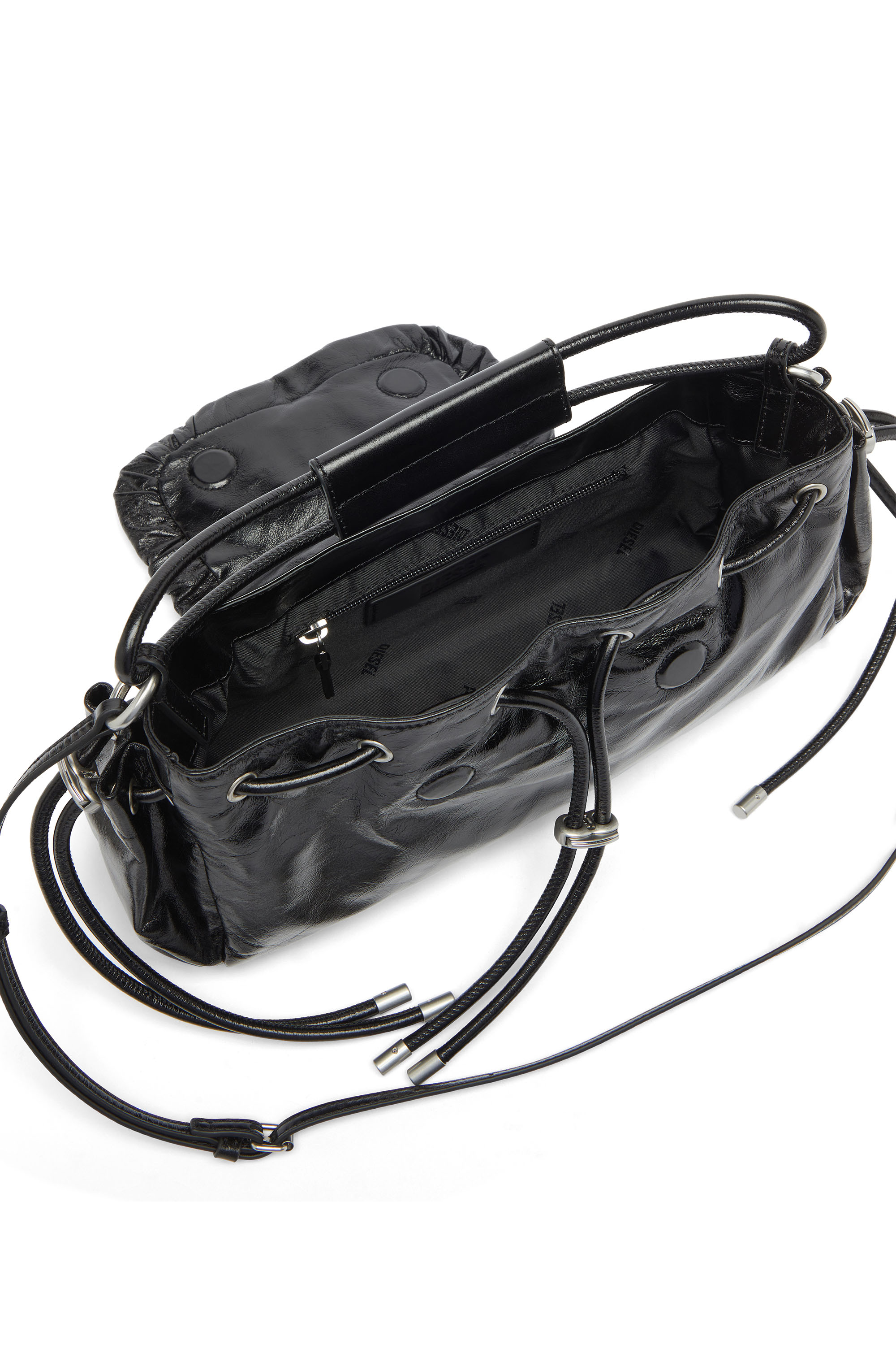 Diesel - SCRUNCH-D TOP HANDLE, Scrunch-D - Bolso de mano en piel brillante arrugada Mujer in Negro - 3