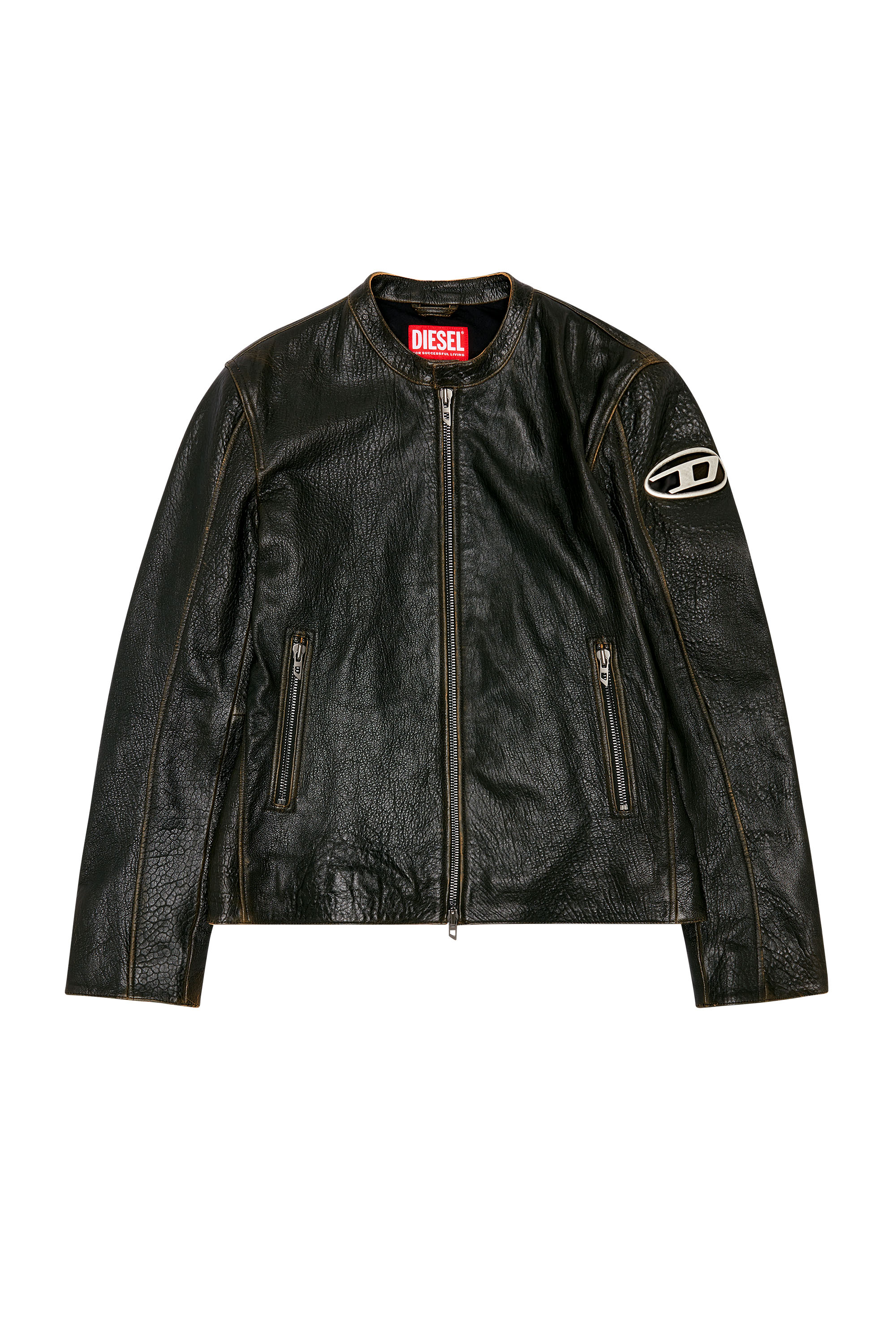 Diesel - L-COBBE, Man's Biker jacket in wrinkled leather in Brown - 2