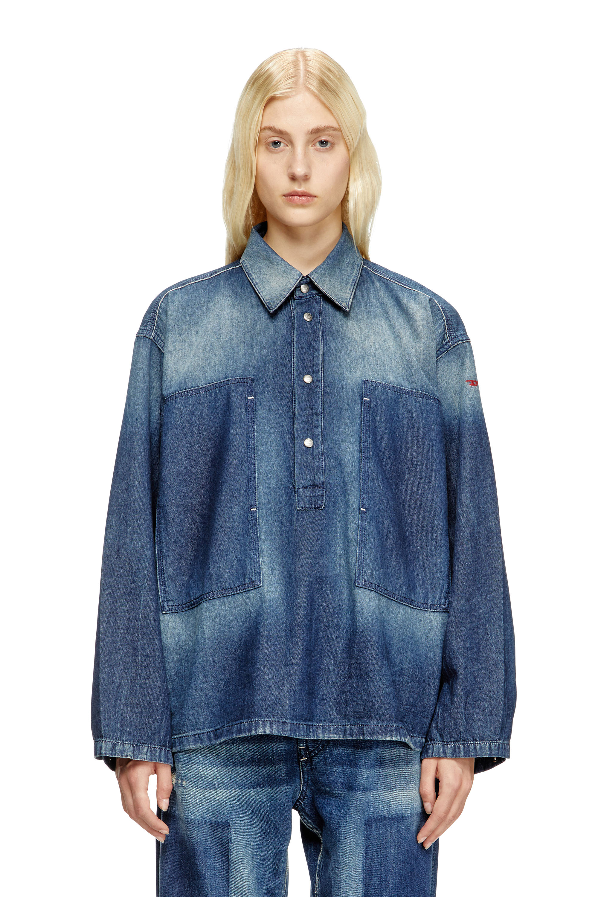 Diesel - DE-PRISS, Female's Henley top in contrast-effect denim in Medium Blue - 2