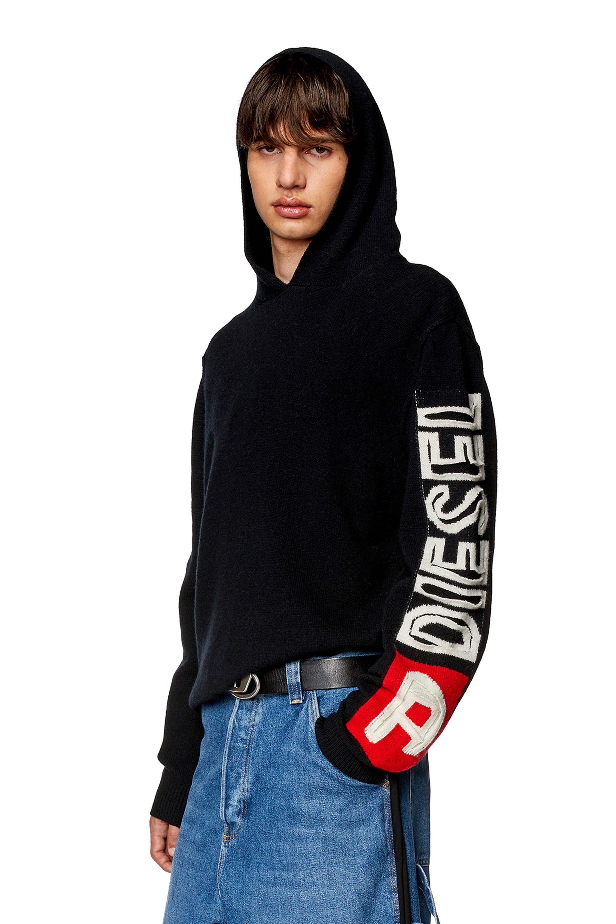 Men's Wool hoodie with cut-up logo | Black | Diesel