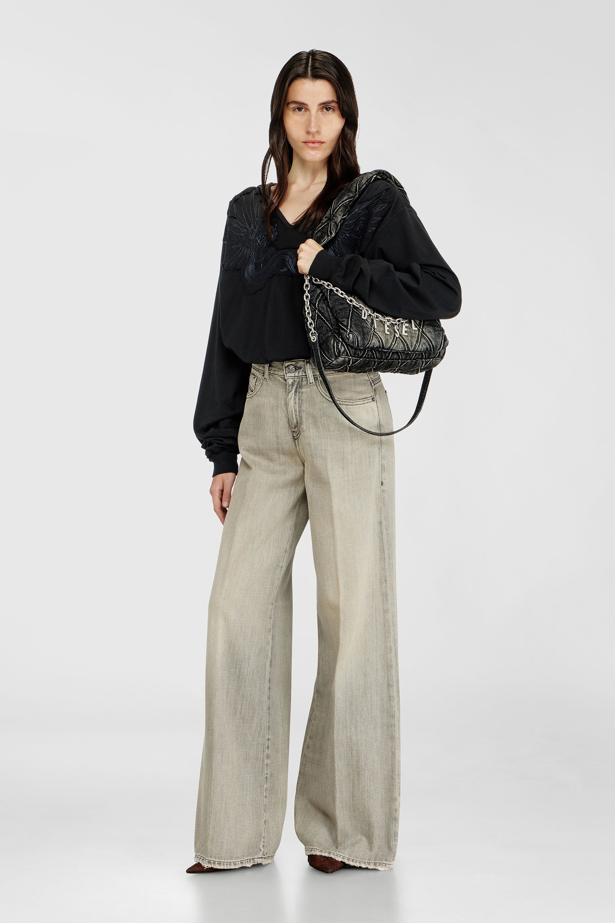 Diesel - CHARM-D SHOULDER S, Woman's Charm-D-Small shoulder bag in treated quilted denim in Black - 2
