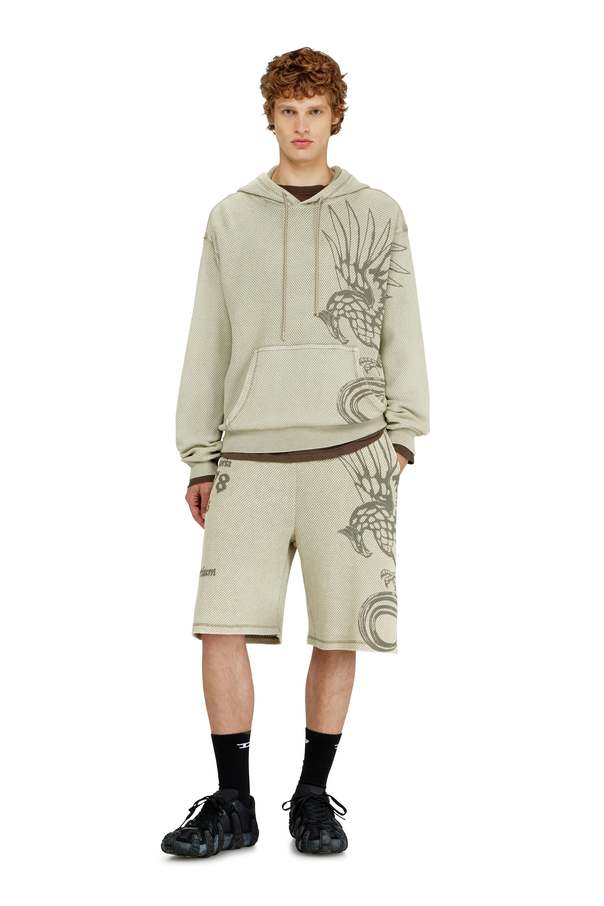 Diesel - P-ERRY, Male's Mesh cotton sweatshorts with prints in Beige - 1