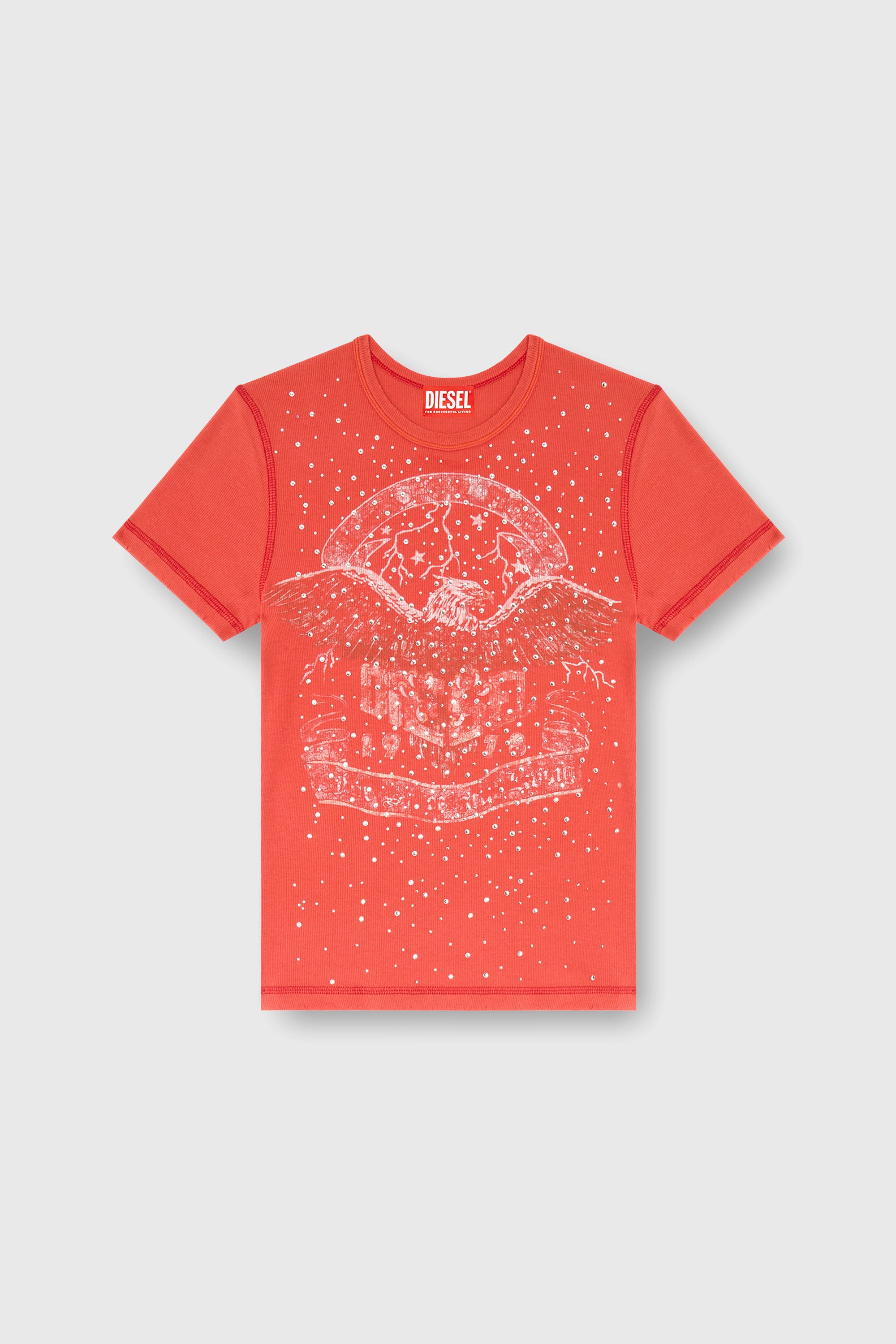 Diesel - T-MARSY-RIB-CRY, Female's T-shirt with concert graphics and crystals in Red - 2