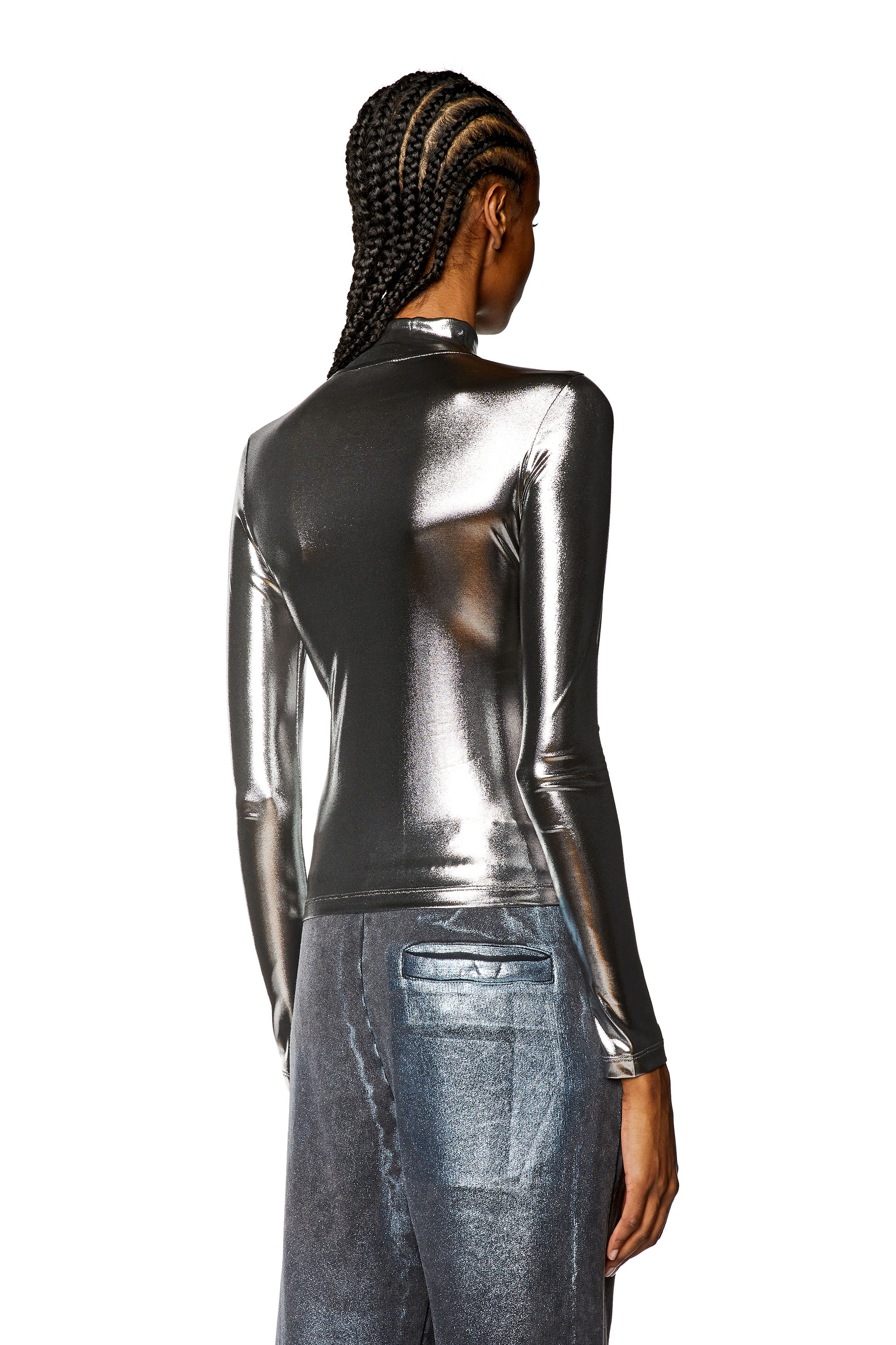 Diesel - T-META, Woman's Metallic top with chain detail in Black - 5