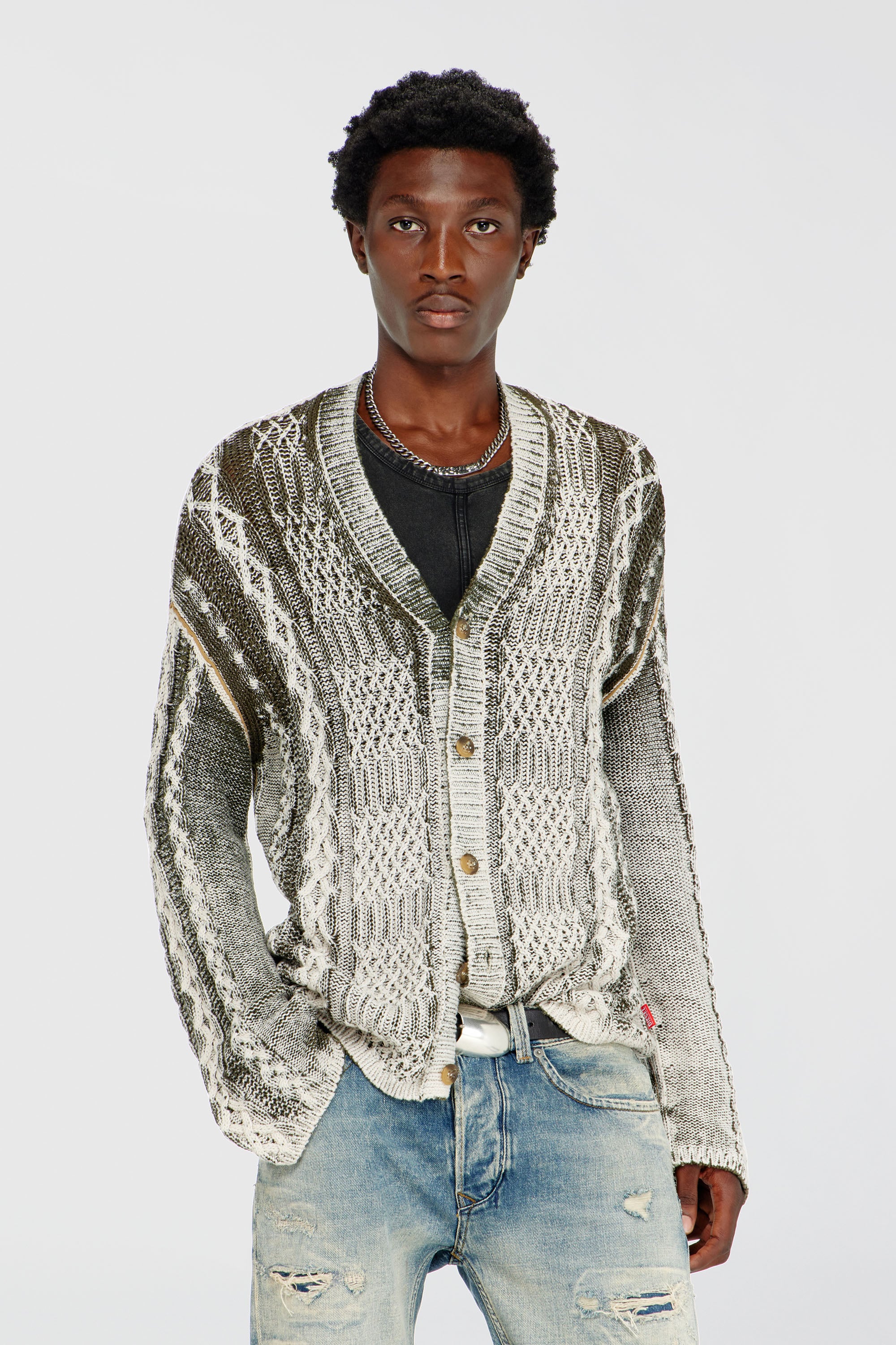 Diesel - K-MIOTO, Male's Treated cable-knit cardigan in White/Grey - 1