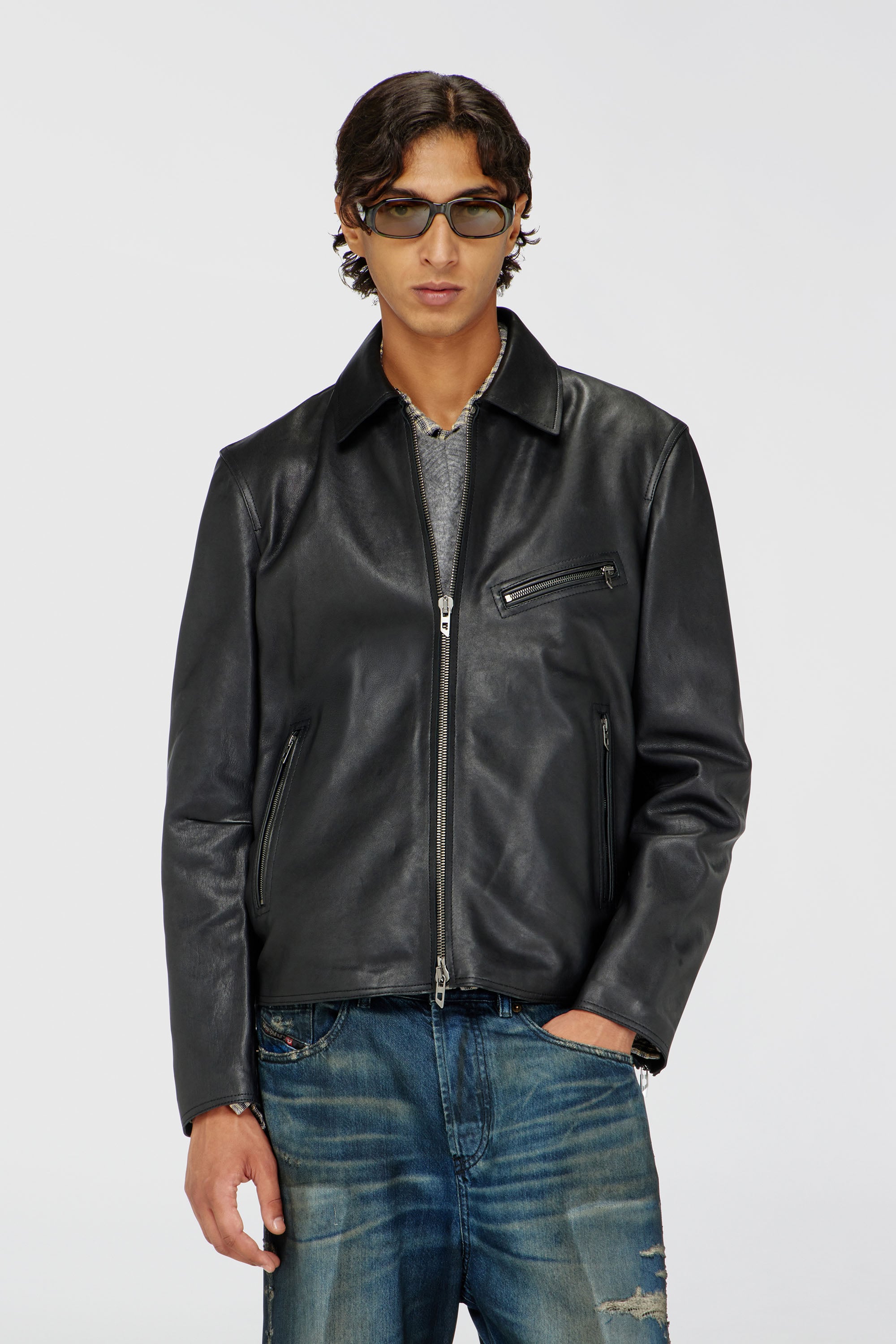 Diesel - L-KORN-A, Man's Leather jacket with embossed Oval D in Black - 3