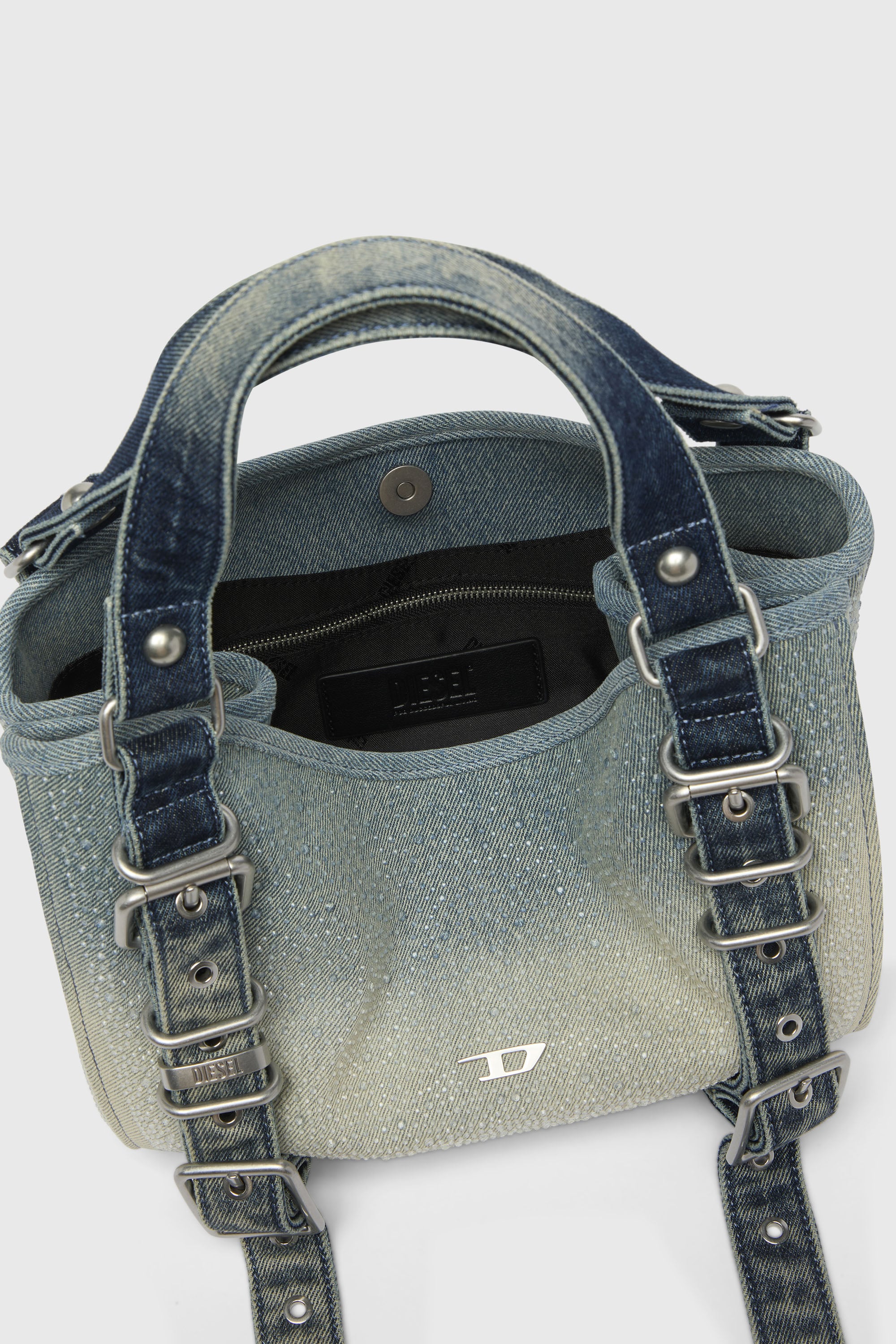 Diesel - D-ONE TOPHANDLE S, D-One-Bolso small con asa superior de denim solarizado con cristales Mujer in Azul marino - 3