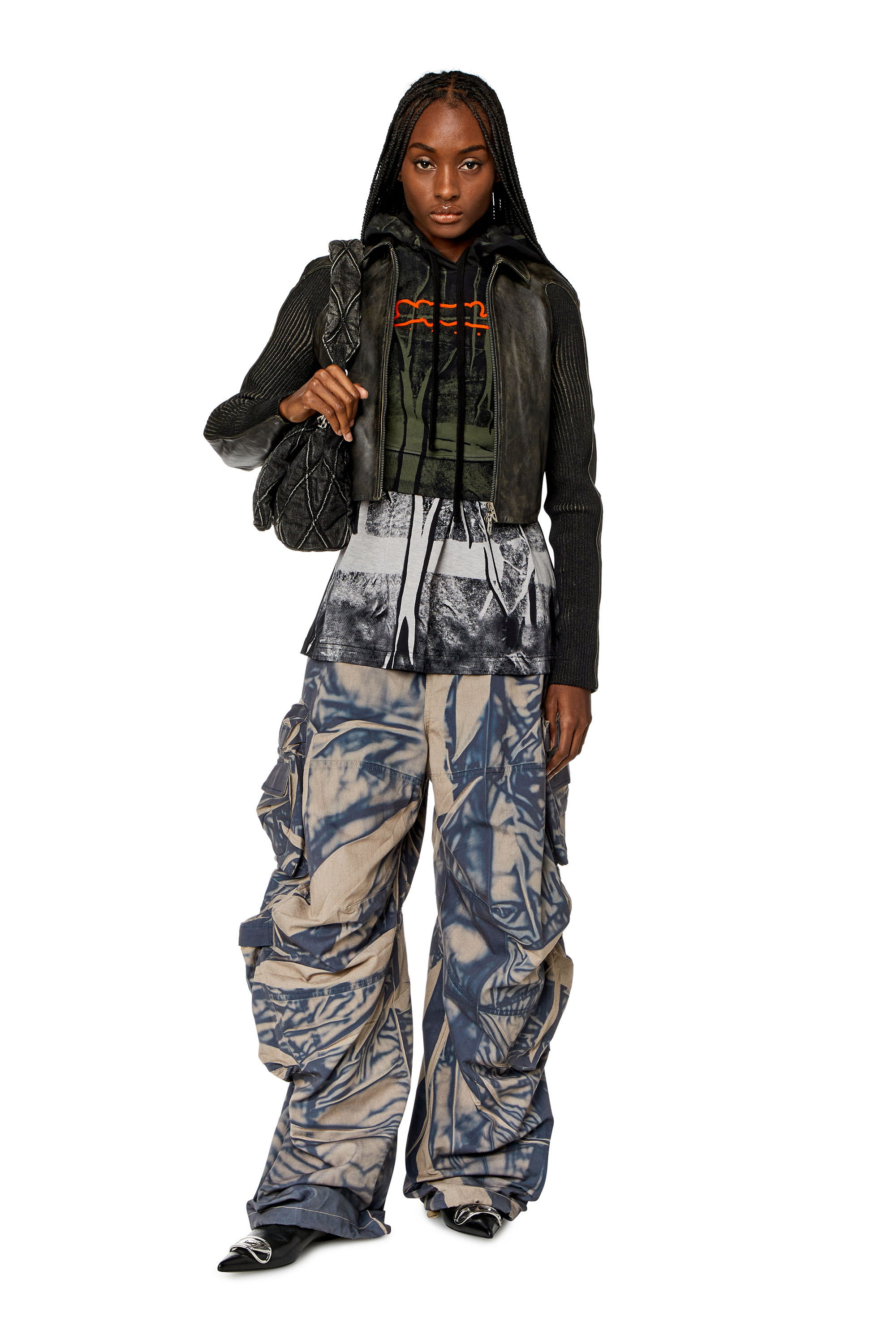 Diesel - L-TOTEM, Woman's Cropped leather jacket with knit panels in Black/Brown - 1